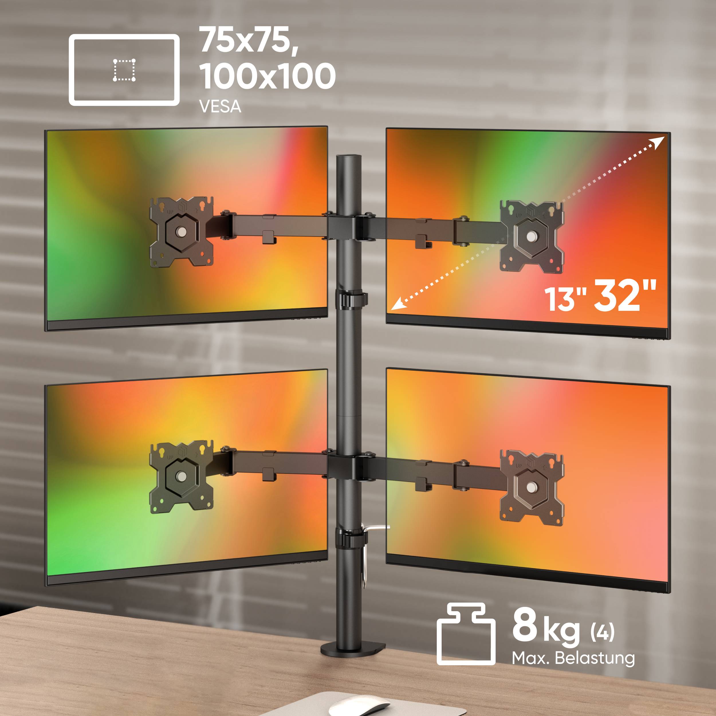 ONKRON Monitorhalterung 4x 13"-32", je 8 kg, VESA 75x75 & 100x100, Höhenverstellbar, Schwenkbar, Neigbar, D421E-B-1