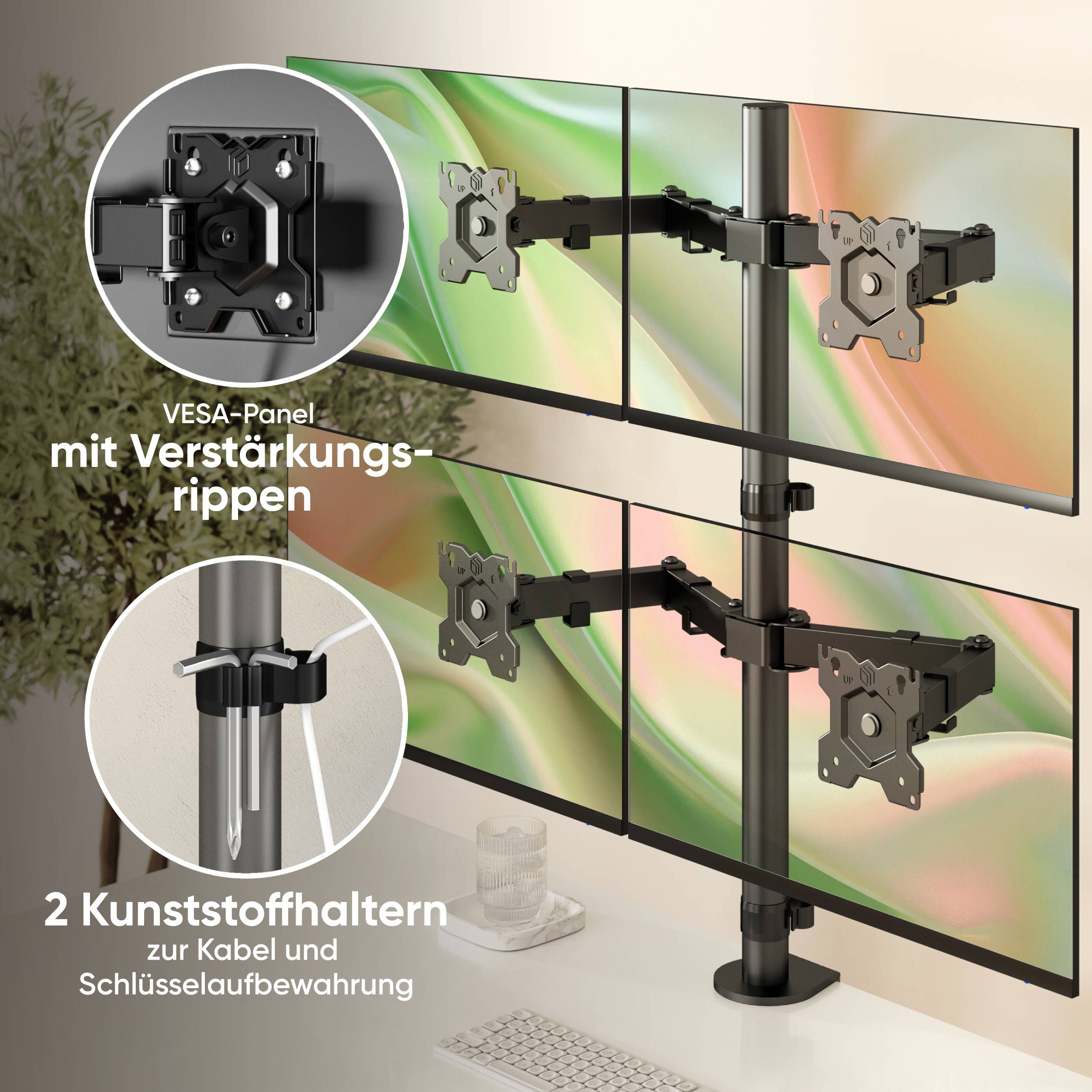 ONKRON Monitorhalterung 4x 13"-32", je 8 kg, VESA 75x75 & 100x100, Höhenverstellbar, Schwenkbar, Neigbar, D421E-B-2