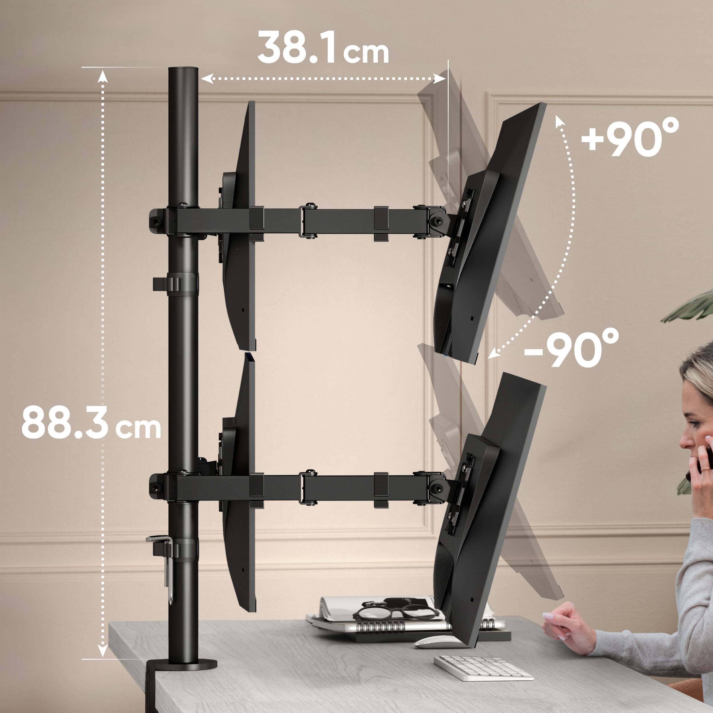 ONKRON Monitorhalterung 4x 13"-32", je 8 kg, VESA 75x75 & 100x100, Höhenverstellbar, Schwenkbar, Neigbar, D421E-B-3