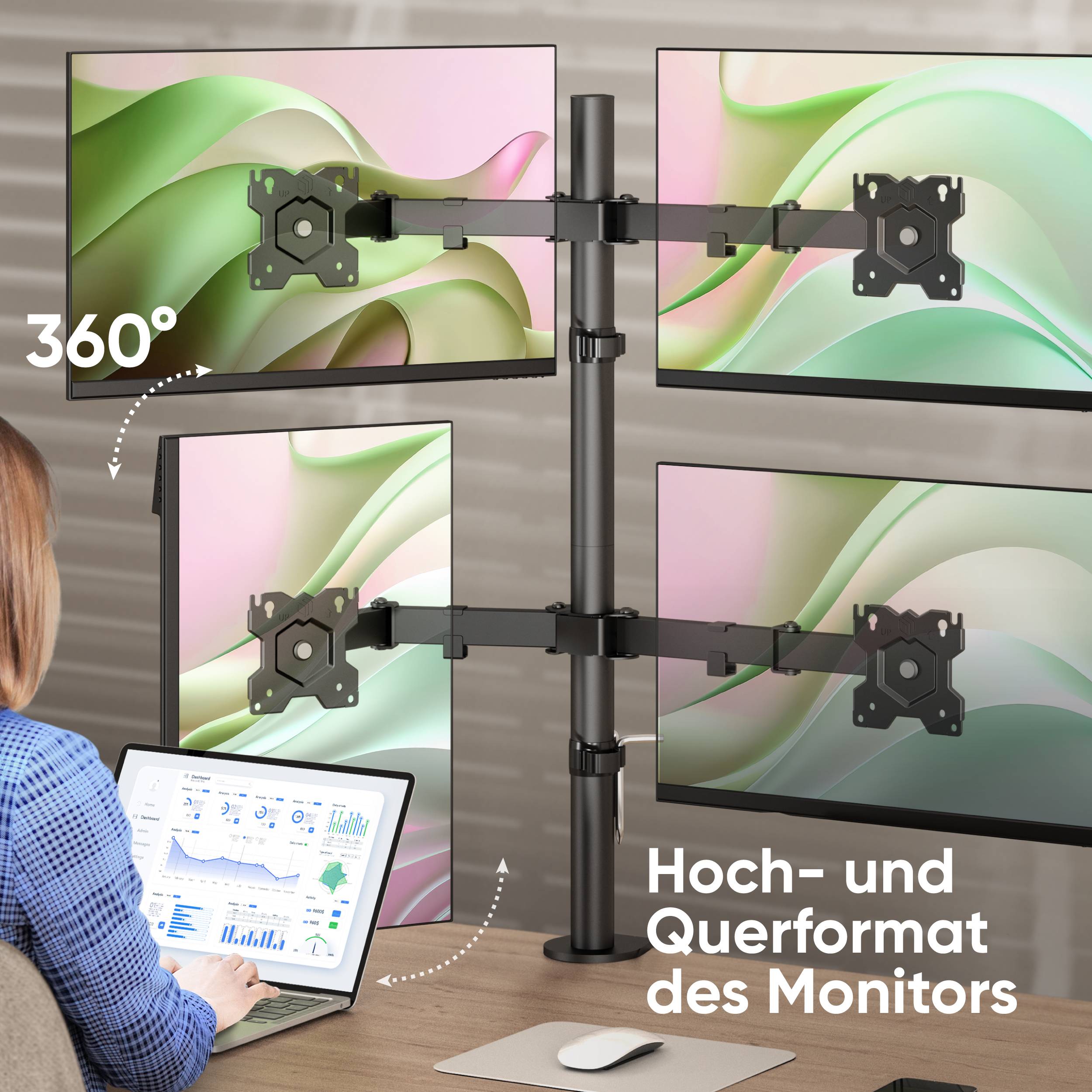 ONKRON Monitorhalterung 4x 13"-32", je 8 kg, VESA 75x75 & 100x100, Höhenverstellbar, Schwenkbar, Neigbar, D421E-B-4