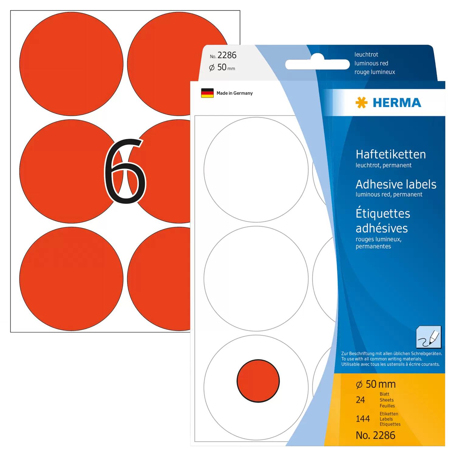 HERMA - Papier - permanenter Klebstoff - Luminous Red - 50 mm rund 144 Etikett(en) (24 Bogen x 6)-4