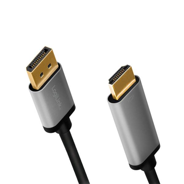 LogiLink DisplayPort-Kabel, DP/M zu HDMI A/M, 4K/60 Hz, Alu, schwarz/grau, 2 m-1