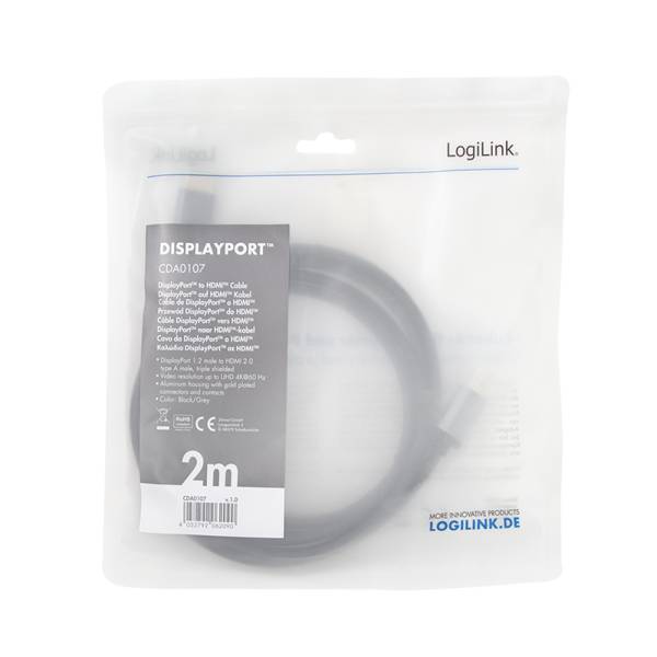LogiLink DisplayPort-Kabel, DP/M zu HDMI A/M, 4K/60 Hz, Alu, schwarz/grau, 2 m-2