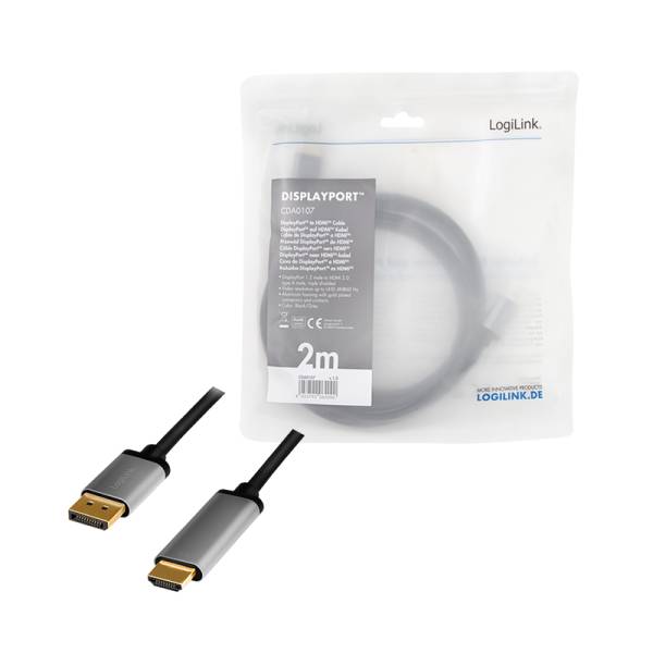 LogiLink DisplayPort-Kabel, DP/M zu HDMI A/M, 4K/60 Hz, Alu, schwarz/grau, 2 m-3