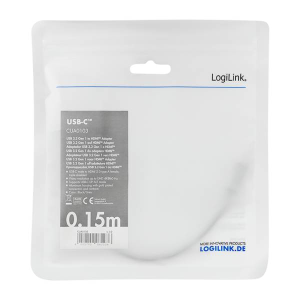 Logilink USB 3.2 Gen1 Type-C adapter, C/M to HDMI-A/F, 4K/60 Hz, alu, black/grey, 0.15 m Kabel &-2