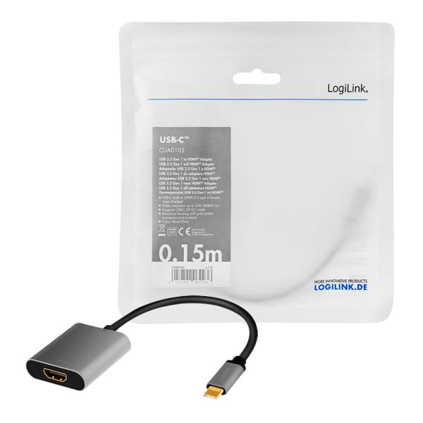 Logilink USB 3.2 Gen1 Type-C adapter, C/M to HDMI-A/F, 4K/60 Hz, alu, black/grey, 0.15 m Kabel &-3