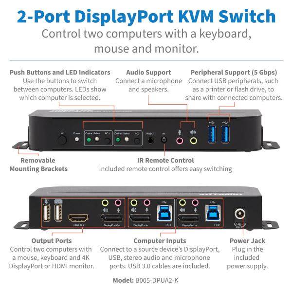 Tripp DisplayPort USB KVM Switch 2-Port 4K 60Hz HDR DP 1.4 USB Cables - KVM-/Aud-1