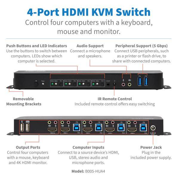 Tripp HDMI USB KVM Switch 4-Port 4K 60Hz HDR HDCP 2.2 IR USB Sharing - KVM-/Audi-1