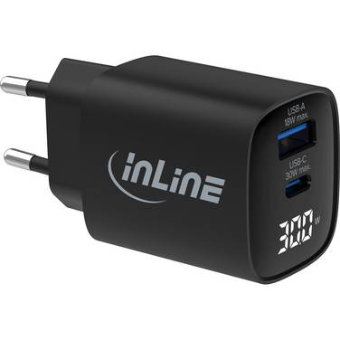 InLine® USB PD Netzteil, GaN Ladegerät, QC, USB-C + USB-A, 30W, mit Display