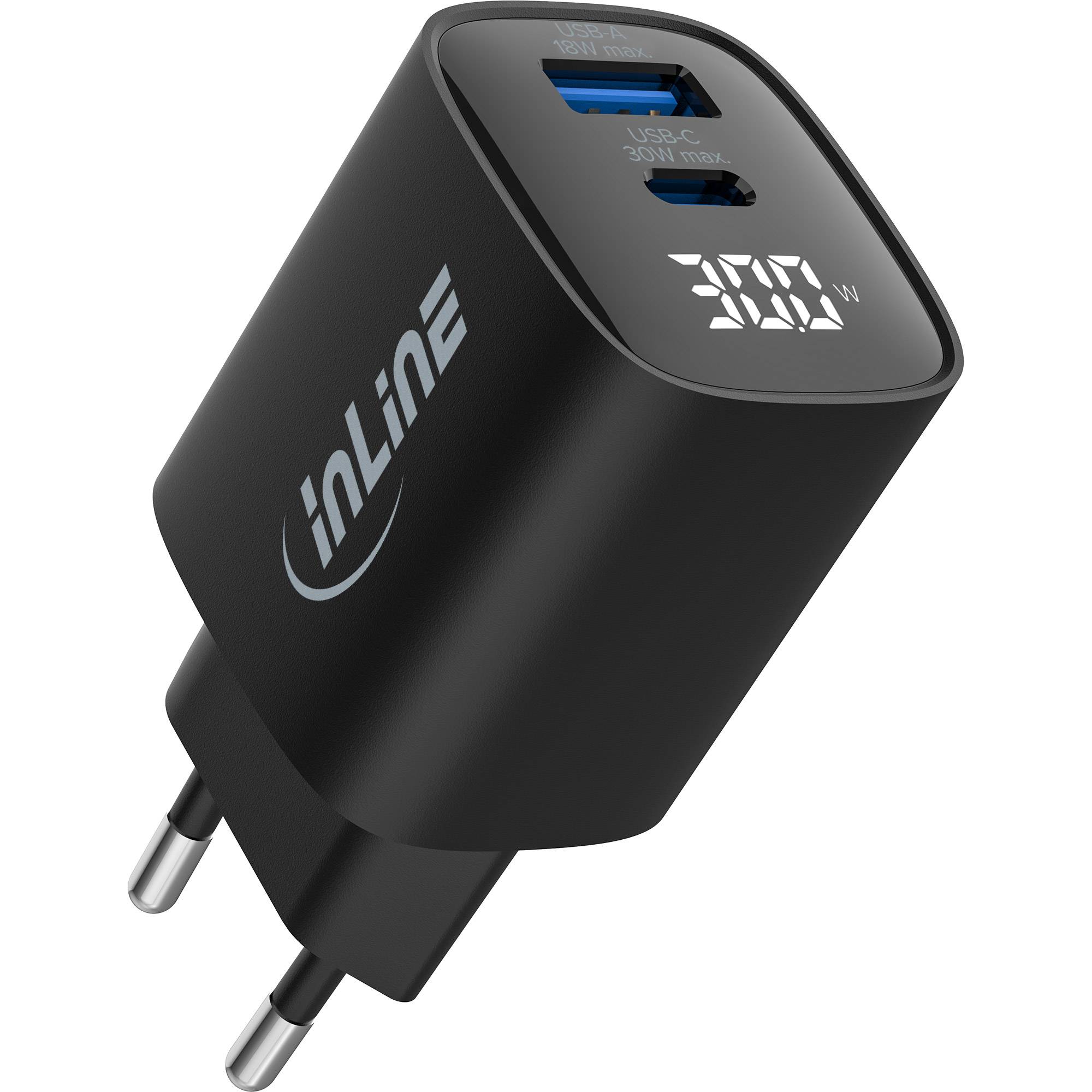 InLine® USB PD Netzteil, GaN Ladegerät, QC, USB-C + USB-A, 30W, mit Display-2