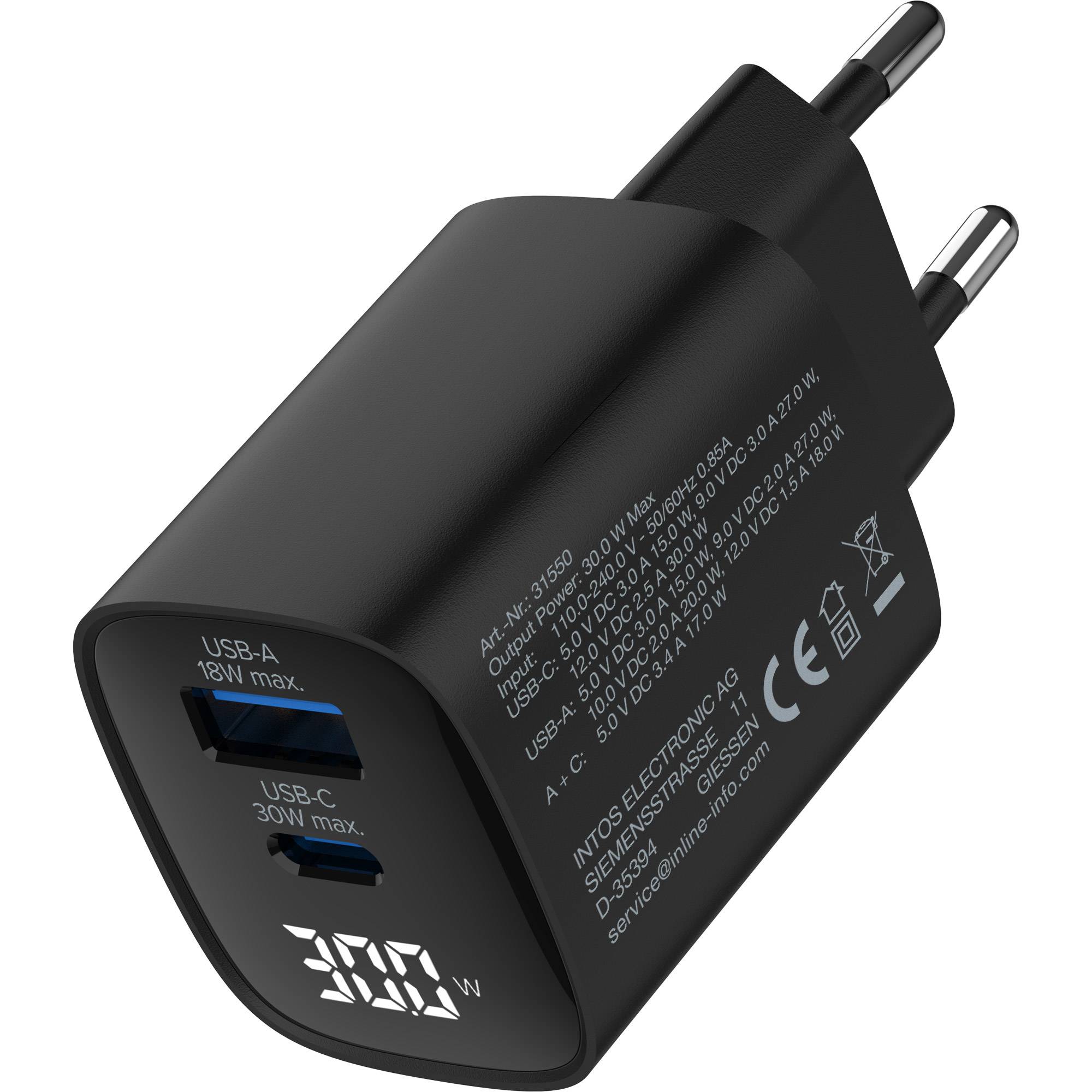 InLine® USB PD Netzteil, GaN Ladegerät, QC, USB-C + USB-A, 30W, mit Display-3