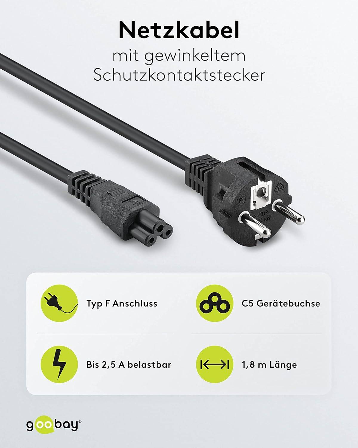Goobay 93586 Netzkabel mit Schutzkontaktstecker & C5 Kupplung / Universal Stromkabel Kleeblattstecker / Schwarz / 2,00m-1