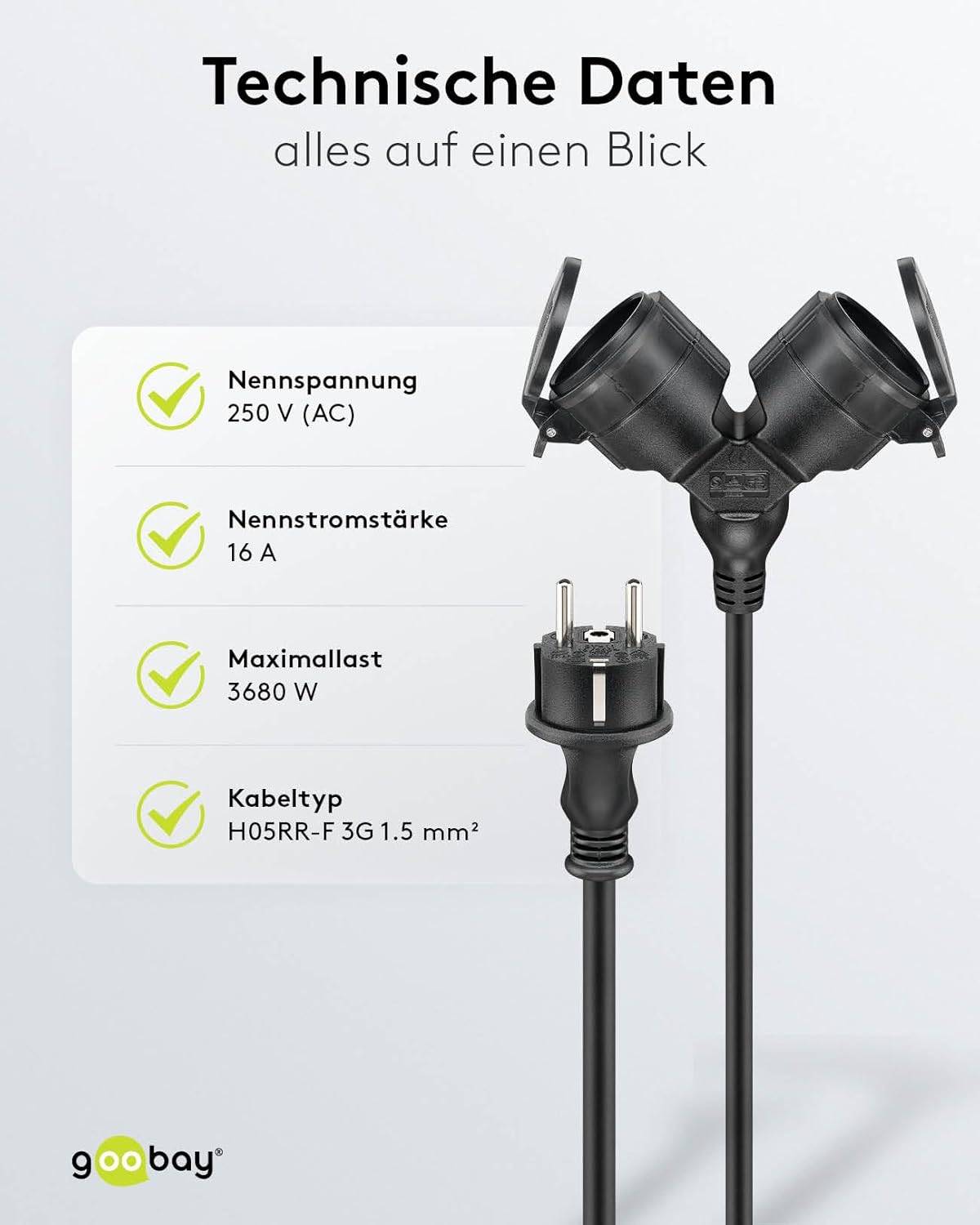 Goobay 65436 Doppel Verlängerungskabel Schutzkontaktstecker 250V Schutzkontakt 25 Meter Outdoor Verlängerung Schwarz-5