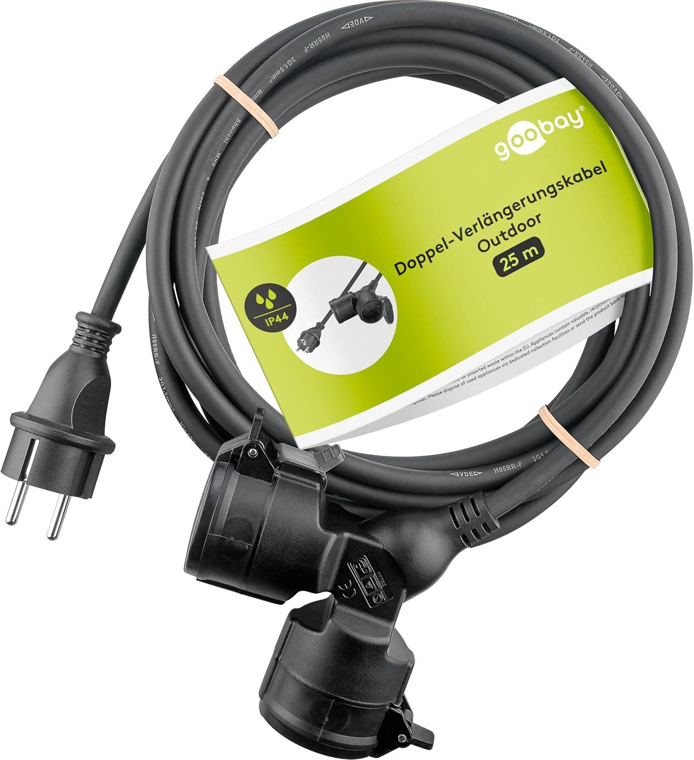 Goobay 65436 Doppel Verlängerungskabel Schutzkontaktstecker 250V Schutzkontakt 25 Meter Outdoor Verlängerung Schwarz-0