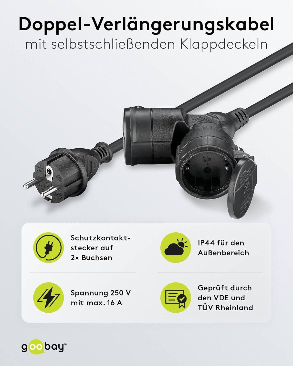 Goobay 65436 Doppel Verlängerungskabel Schutzkontaktstecker 250V Schutzkontakt 25 Meter Outdoor Verlängerung Schwarz-1