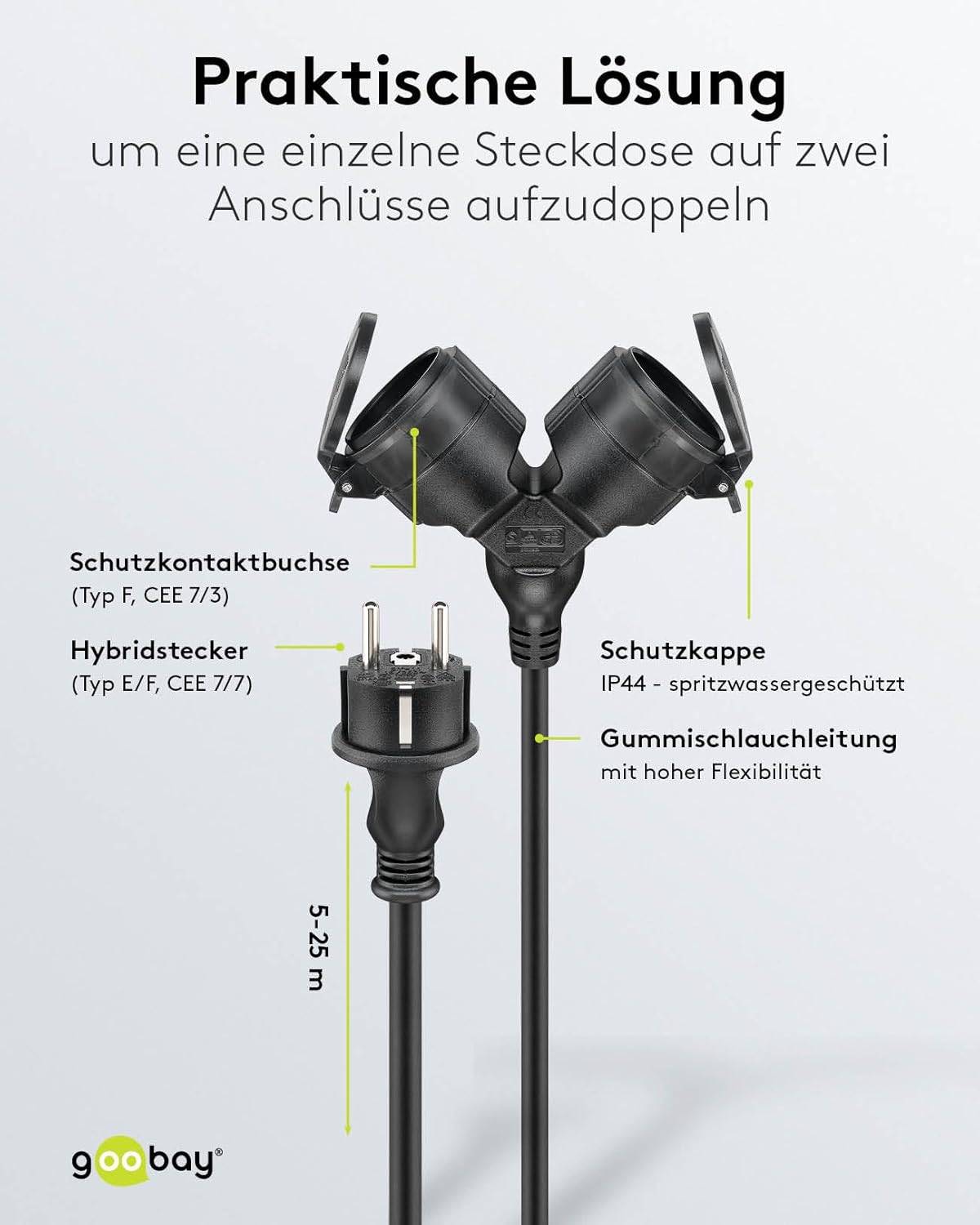 Goobay 65436 Doppel Verlängerungskabel Schutzkontaktstecker 250V Schutzkontakt 25 Meter Outdoor Verlängerung Schwarz-4