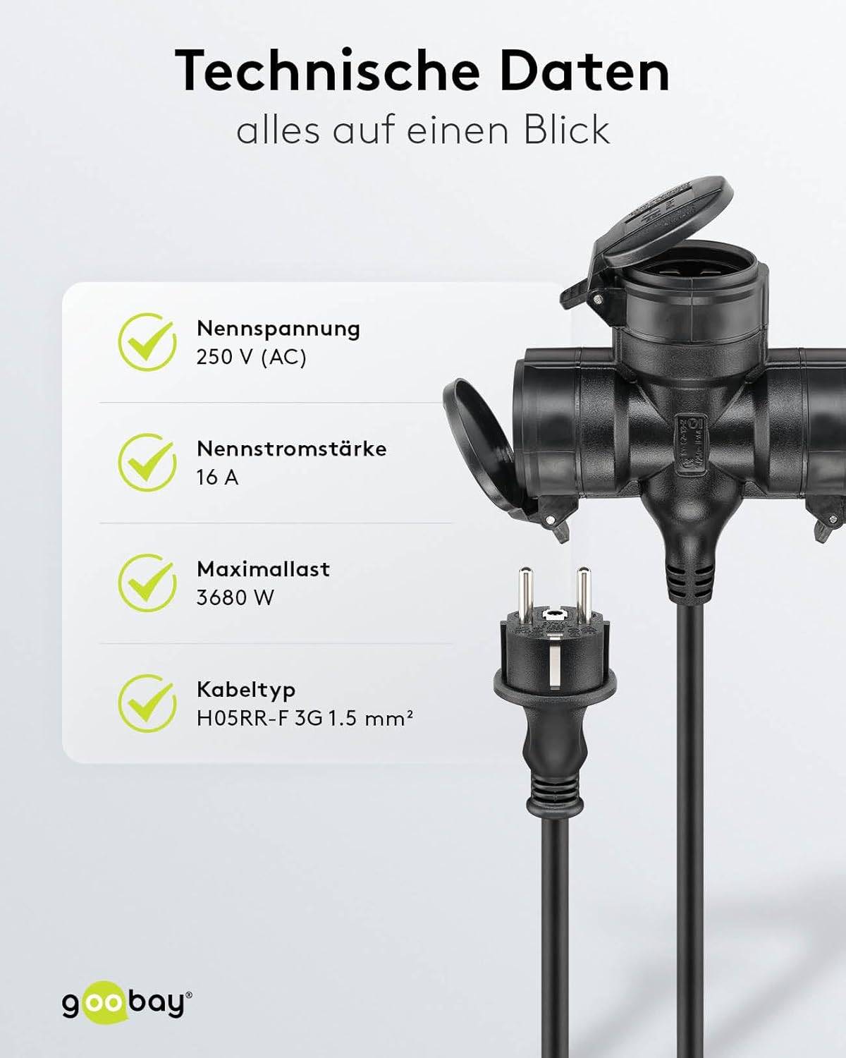 Goobay 65439 Dreifach Verlängerungskabel Schutzkontaktstecker 250V Schutzkontakt 25 Meter Outdoor Verlängerung Schwarz-5