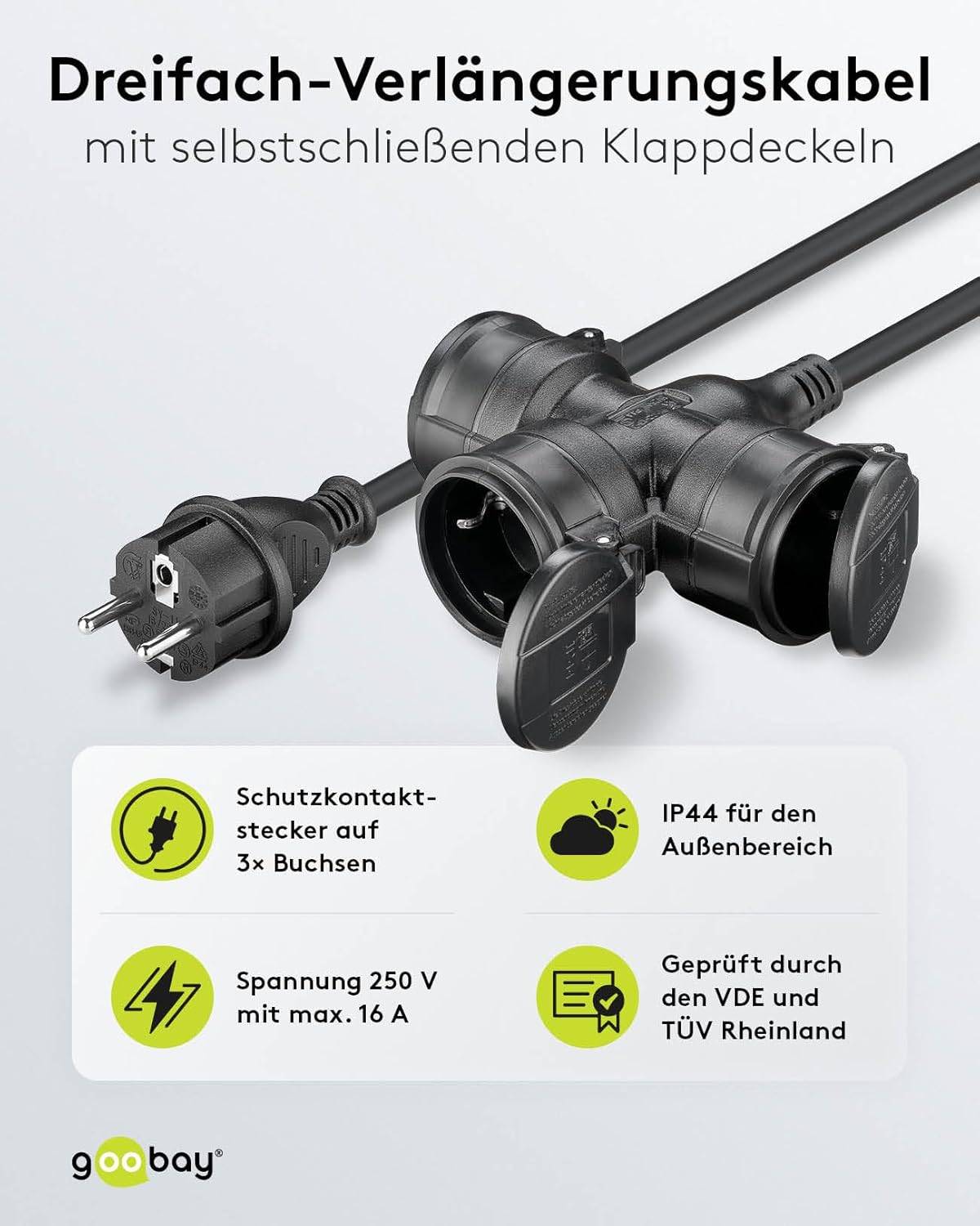 Goobay 65439 Dreifach Verlängerungskabel Schutzkontaktstecker 250V Schutzkontakt 25 Meter Outdoor Verlängerung Schwarz-1