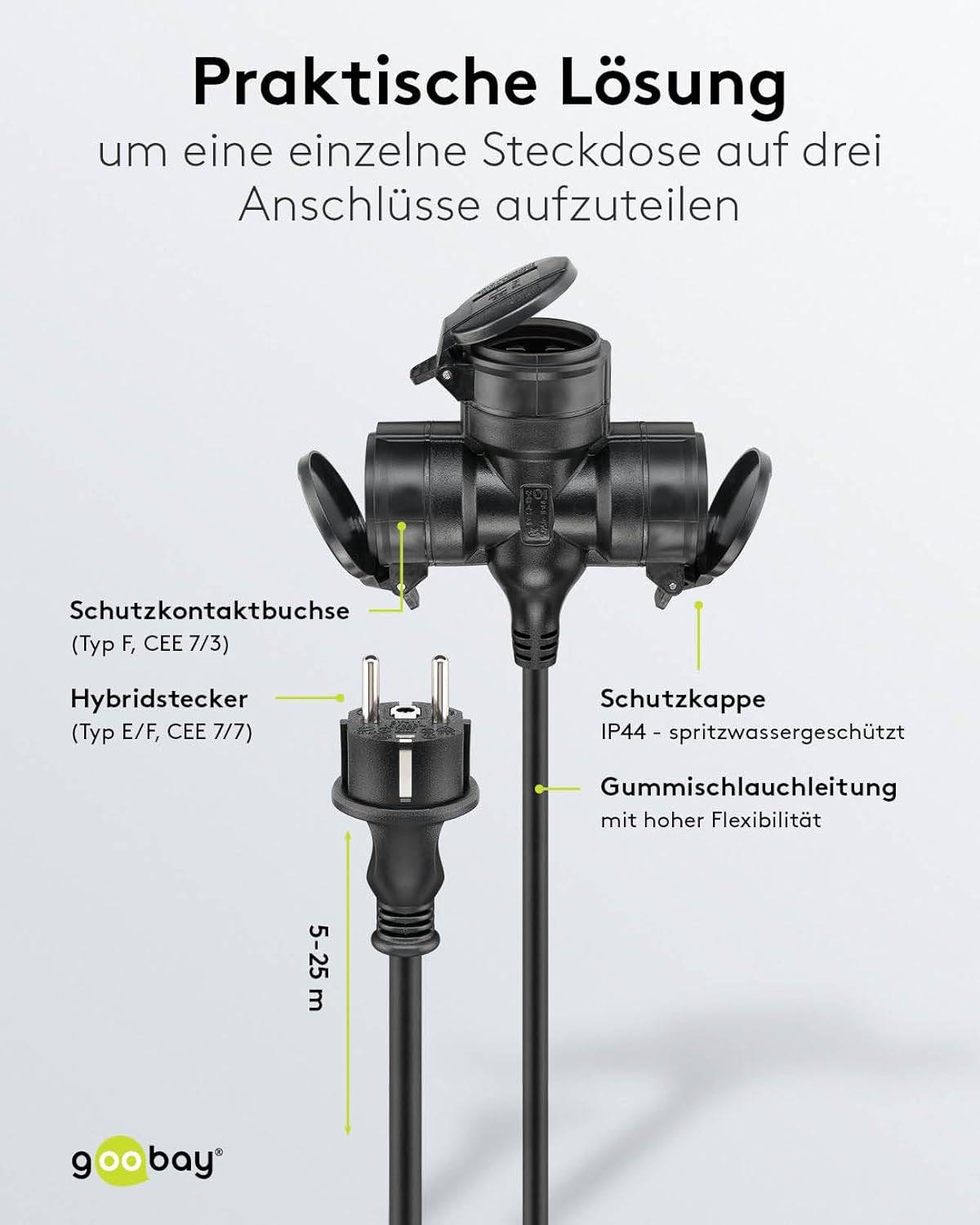 Goobay 65437 Dreifach Verlängerungskabel Schutzkontaktstecker 250V Schutzkontakt 5 Meter Outdoor Verlängerung Schwarz-4