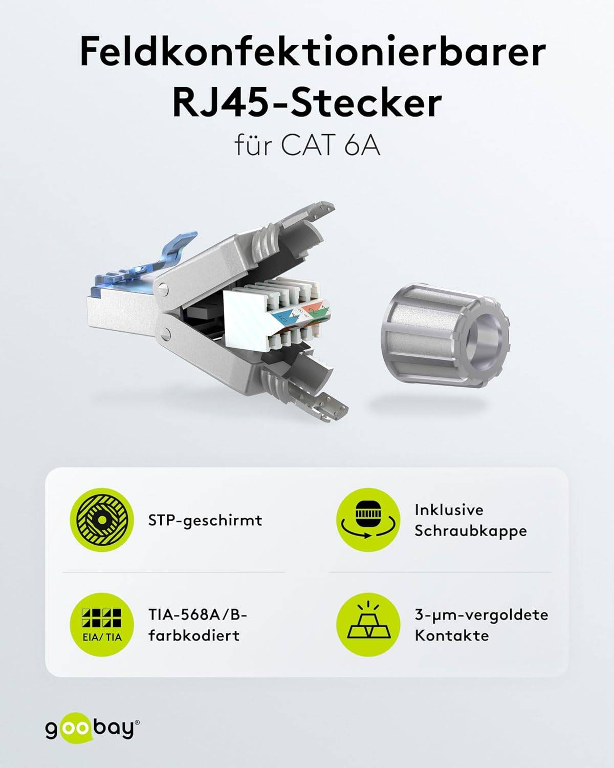 Goobay 65939 CAT 6A STP geschirmt Netzwerkstecker 500 MHz feldkonfektionierbarer RJ 45-Stecker werkzeuglose LSA Montage-1