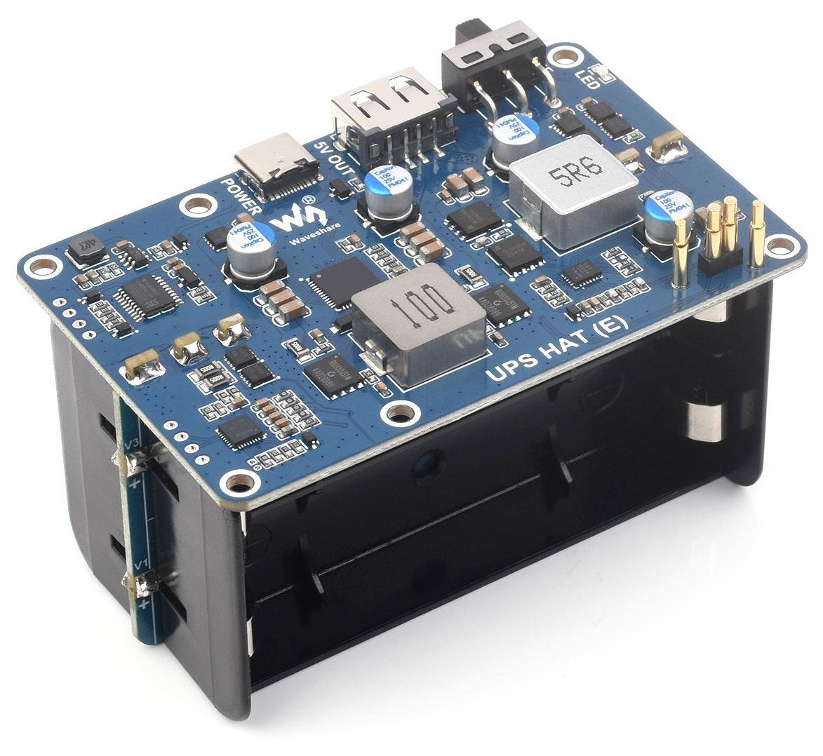 Waveshare UPS HAT E für Raspberry Pi, 4x Akku-Slots, Bi-Directional Charging, I2C, Pogo Pins, 5V 6A-0