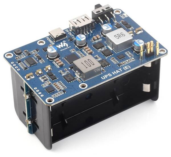 Waveshare UPS HAT E für Raspberry Pi, 4x Akku-Slots, Bi-Directional Charging, I2C, Pogo Pins, 5V 6A
