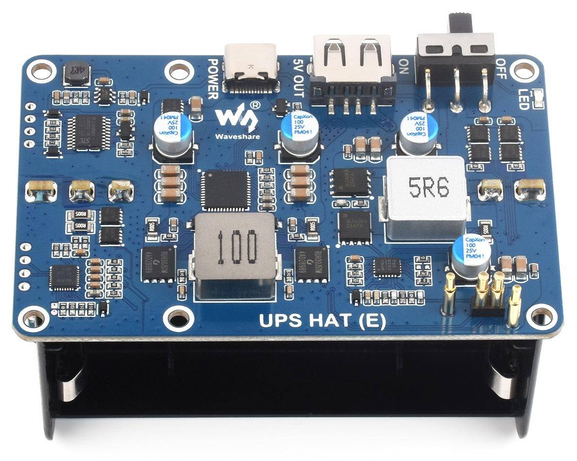 Waveshare UPS HAT E für Raspberry Pi, 4x Akku-Slots, Bi-Directional Charging, I2C, Pogo Pins, 5V 6A-3