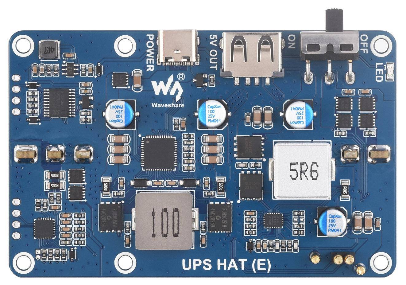 Waveshare UPS HAT E für Raspberry Pi, 4x Akku-Slots, Bi-Directional Charging, I2C, Pogo Pins, 5V 6A-4