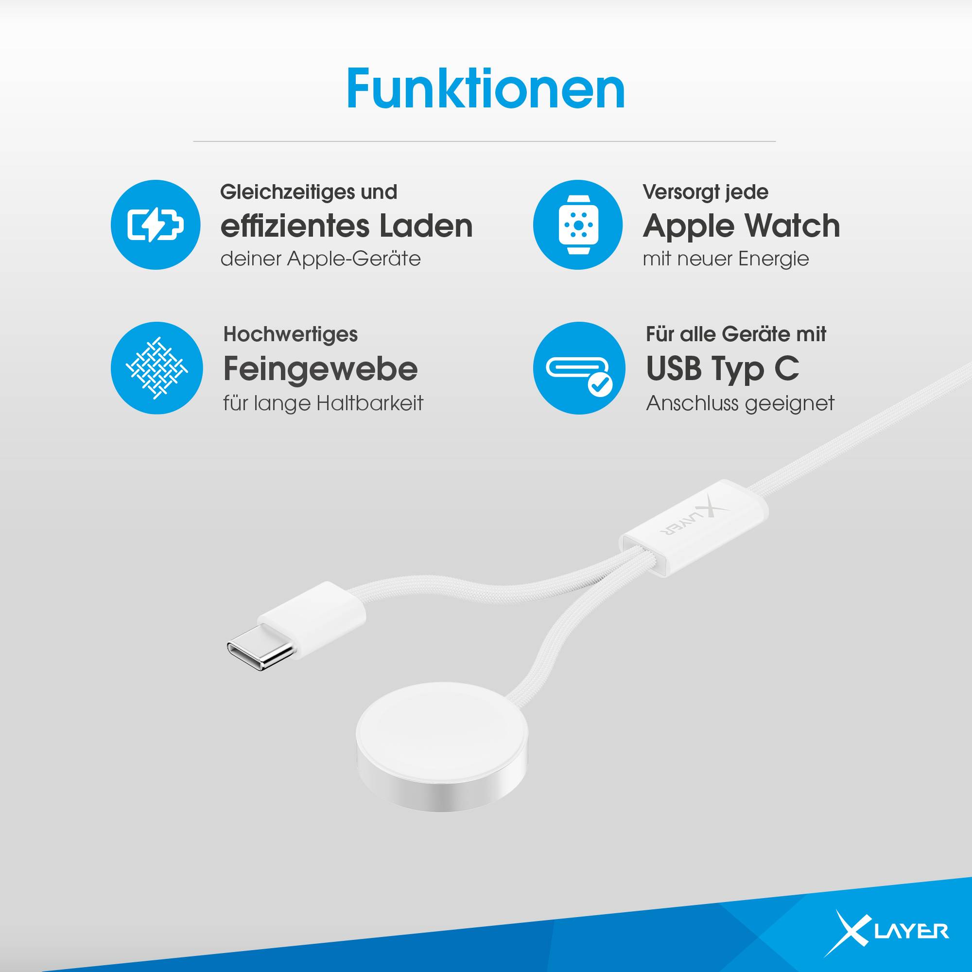 Ladekabel XLayer 2-in-1 feingewebtes Kabel mit USB Typ C & Apple Watch Charger 1.5 m weiß-4