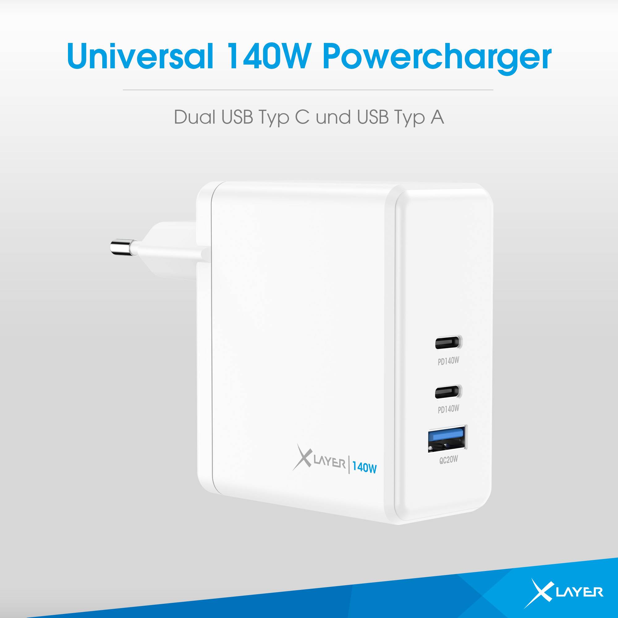 Ladegerät XLayer Powercharger 140W mit 2x USB Typ C & 1x USB Typ A weiß-2