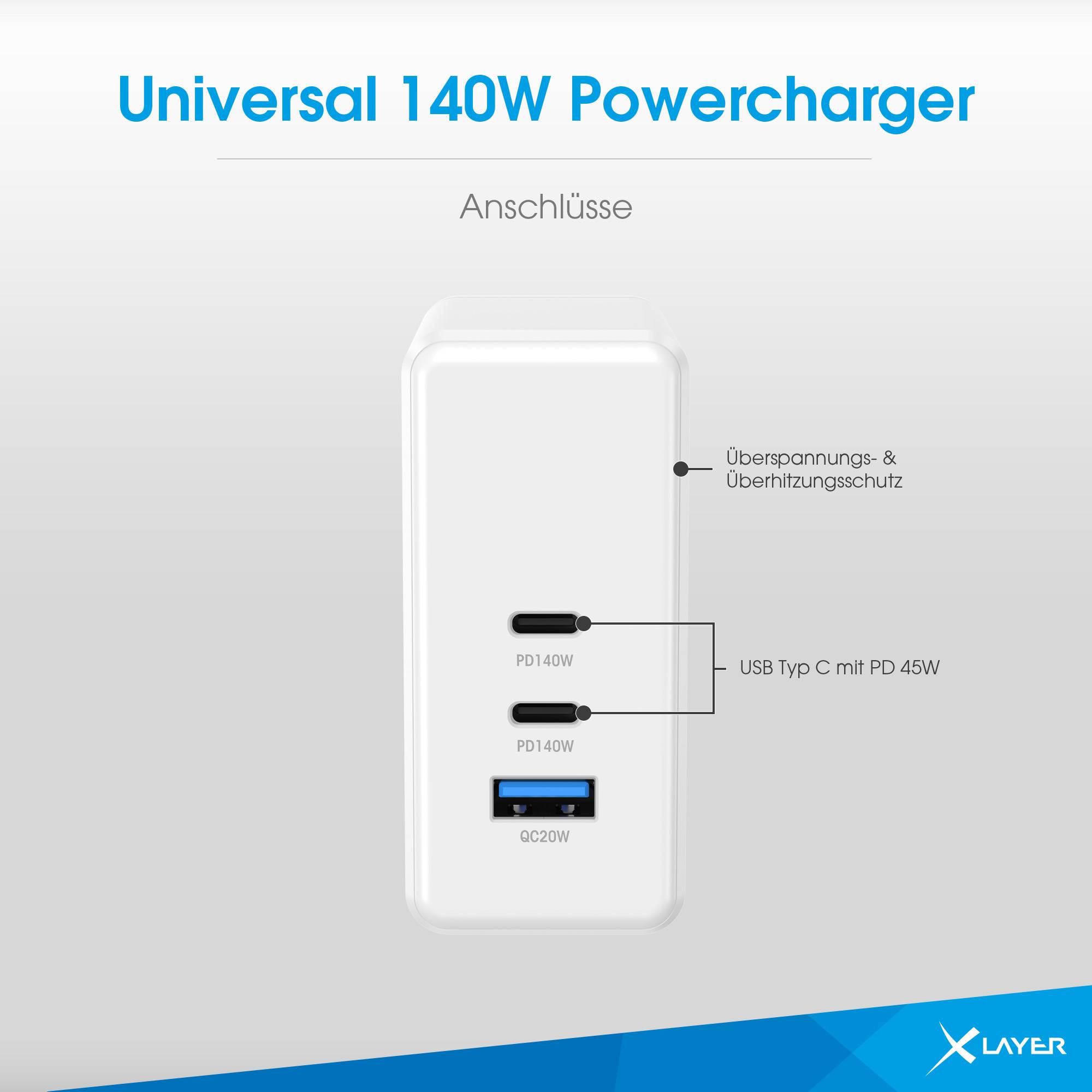 Ladegerät XLayer Powercharger 140W mit 2x USB Typ C & 1x USB Typ A weiß-3