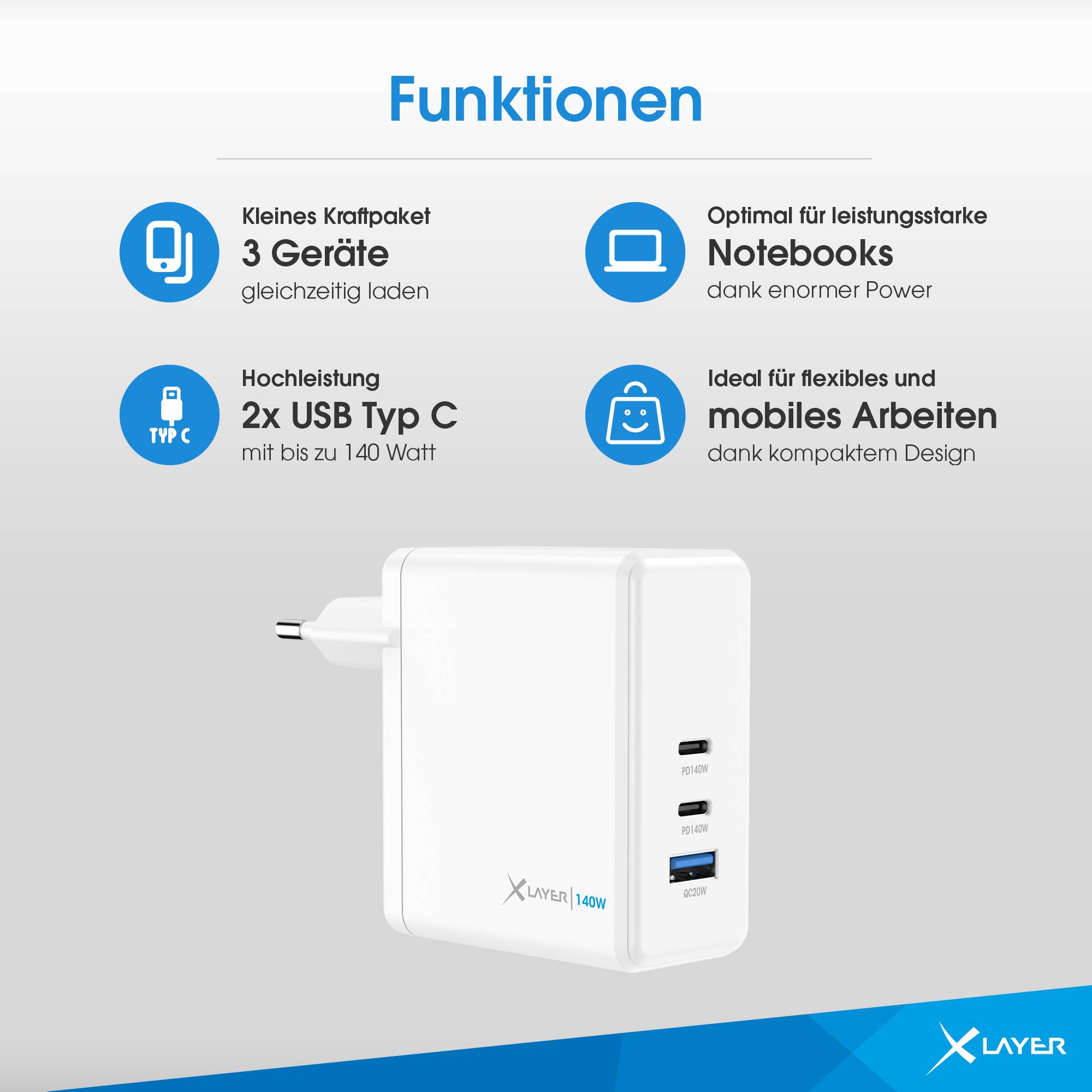 Ladegerät XLayer Powercharger 140W mit 2x USB Typ C & 1x USB Typ A weiß-4