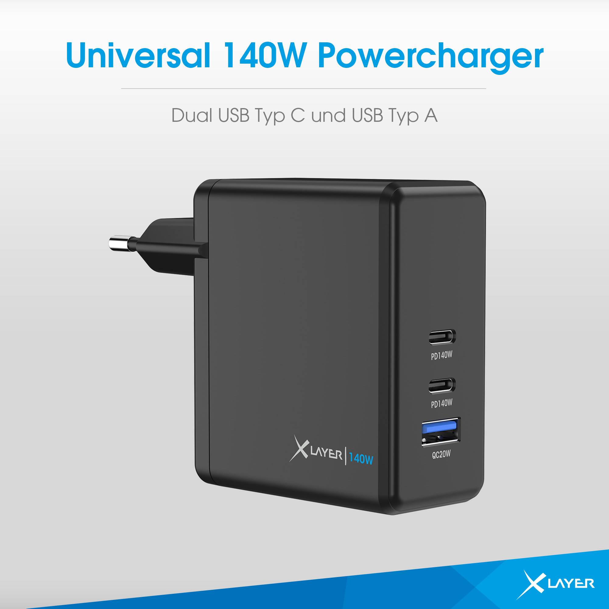 Ladegerät XLayer Powercharger 140W mit 2x USB Typ C & 1x USB Typ A schwarz-2