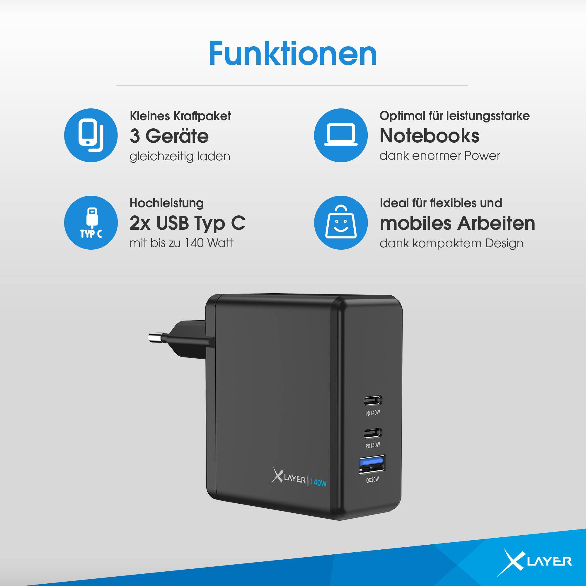 Ladegerät XLayer Powercharger 140W mit 2x USB Typ C & 1x USB Typ A schwarz-4