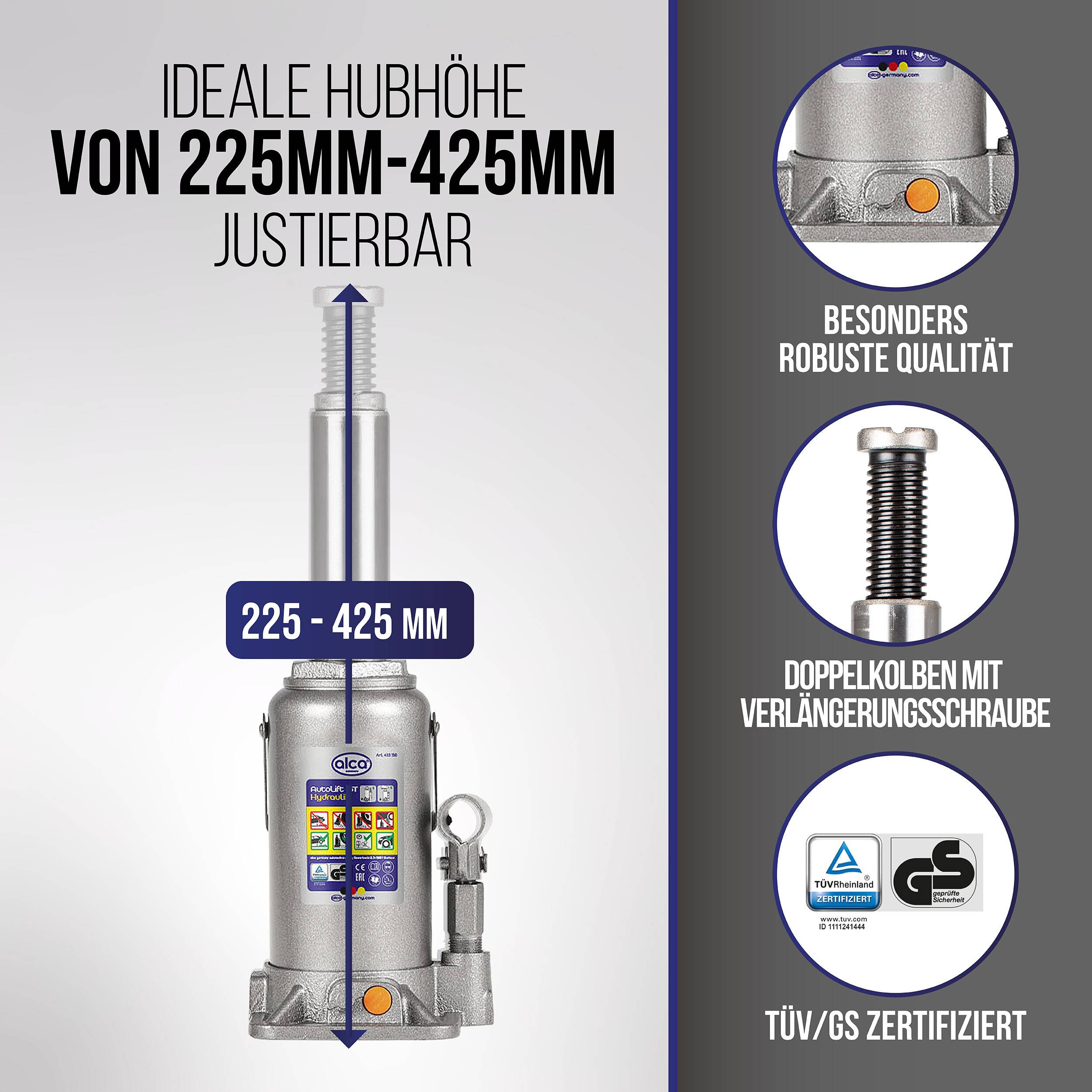 alca® Wagenheber hydraulisch 15 t 225-425 mm Hubhöhe inkl. Gummiauflage Doppelkolben Stempelheber mit-1