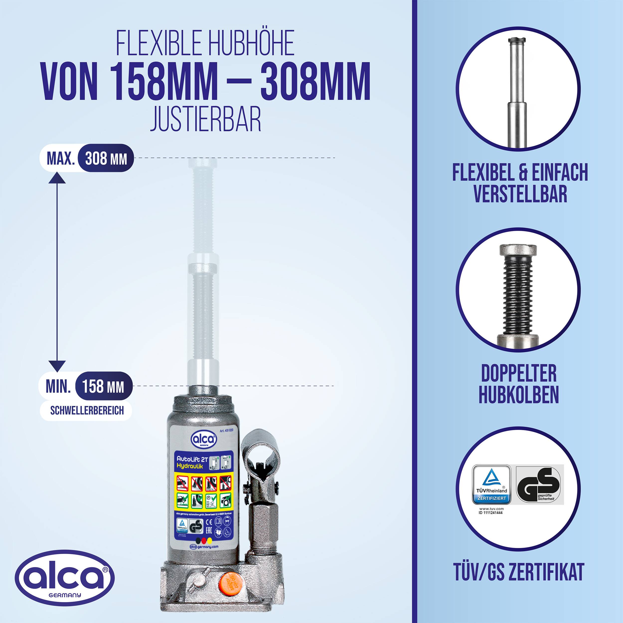 alca® Wagenheber Set hydraulisch 2 t, inkl. U-Adapter, 158-308 mm Hubhöhe kompakter Stempelheber aus Stahl,-1