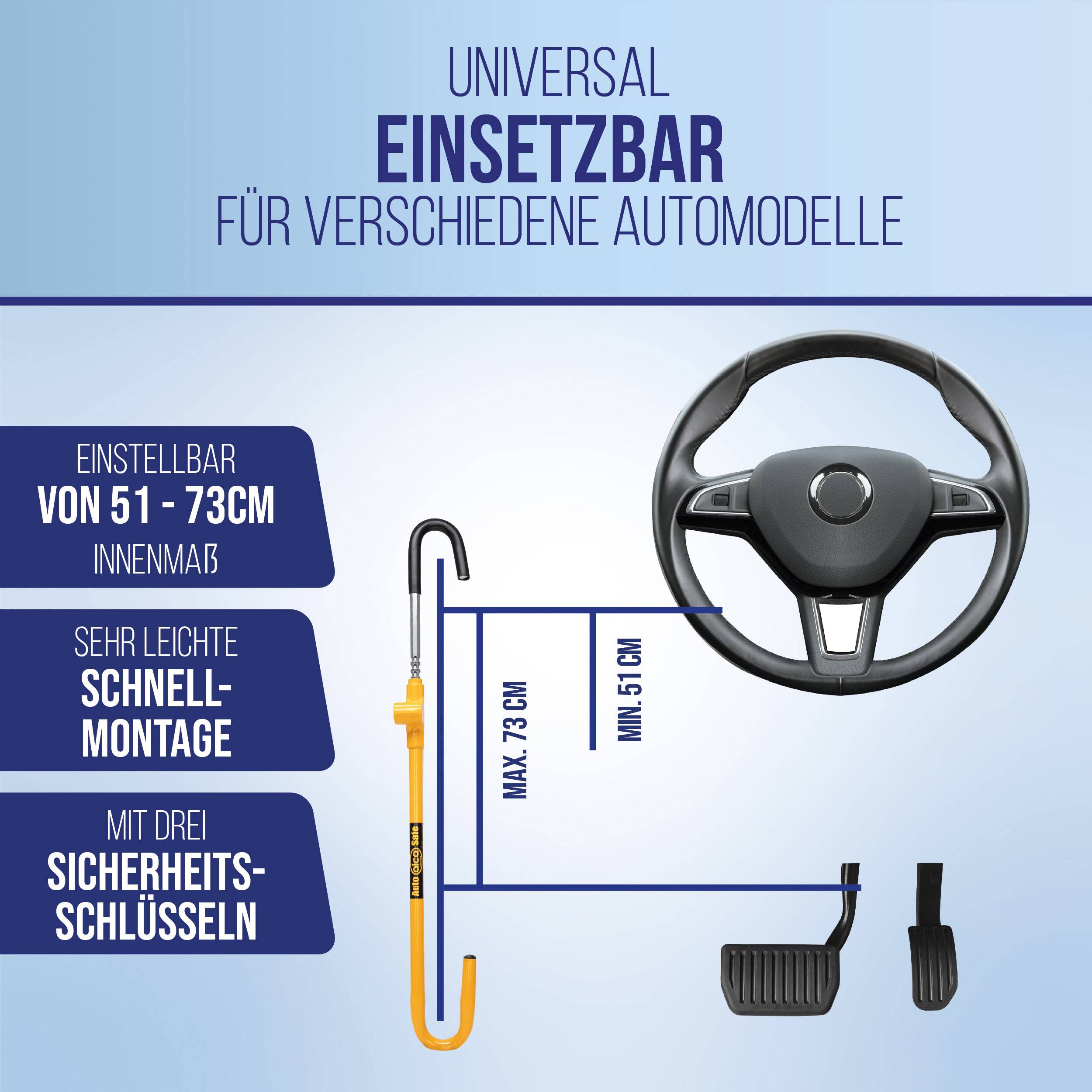 alca® Lenkradschloss für Pedal, 51-73 cm verstellbar, 3 Schlüssel Lenkradsperre als Diebstahlschutz zur-1