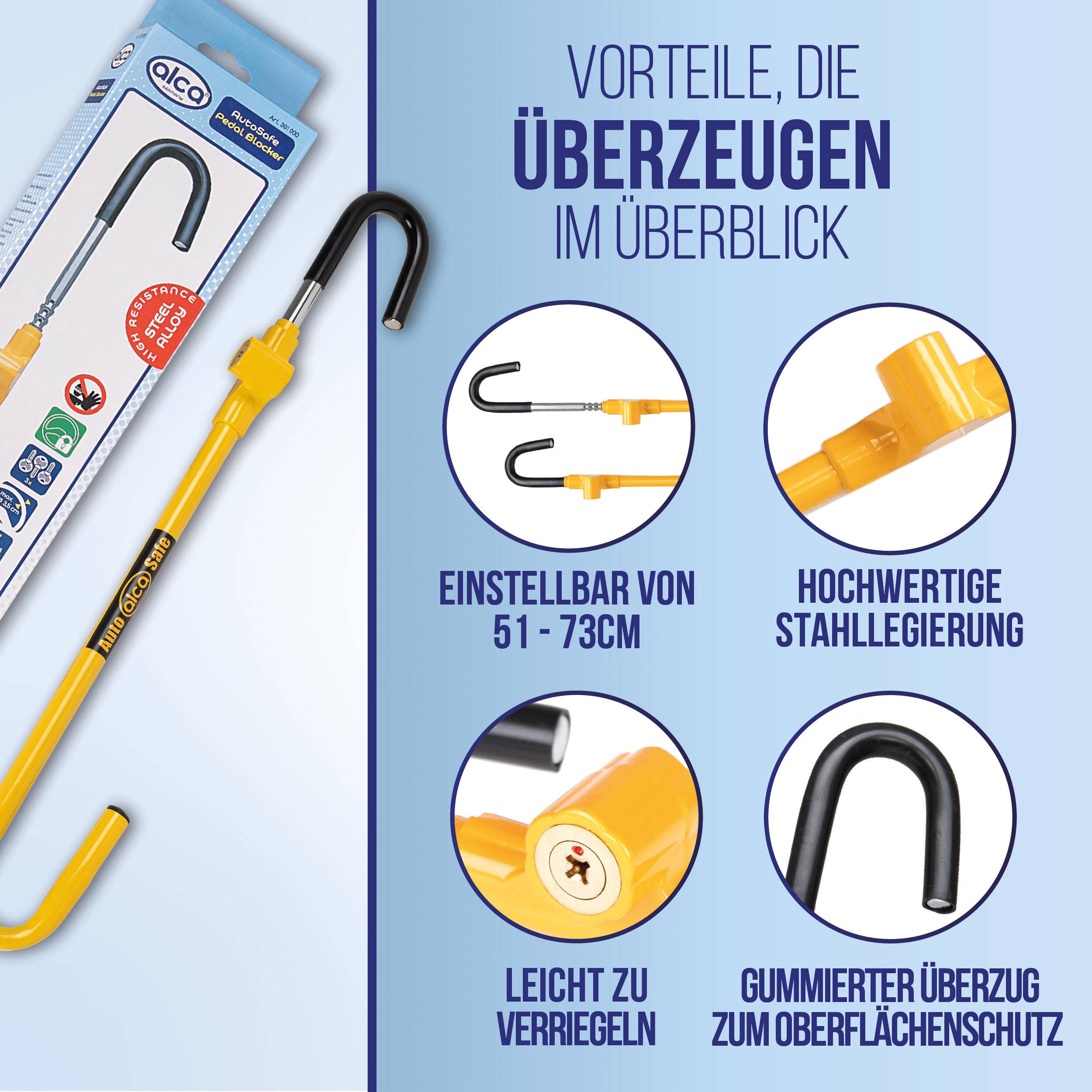 alca® Lenkradschloss für Pedal, 51-73 cm verstellbar, 3 Schlüssel Lenkradsperre als Diebstahlschutz zur-3