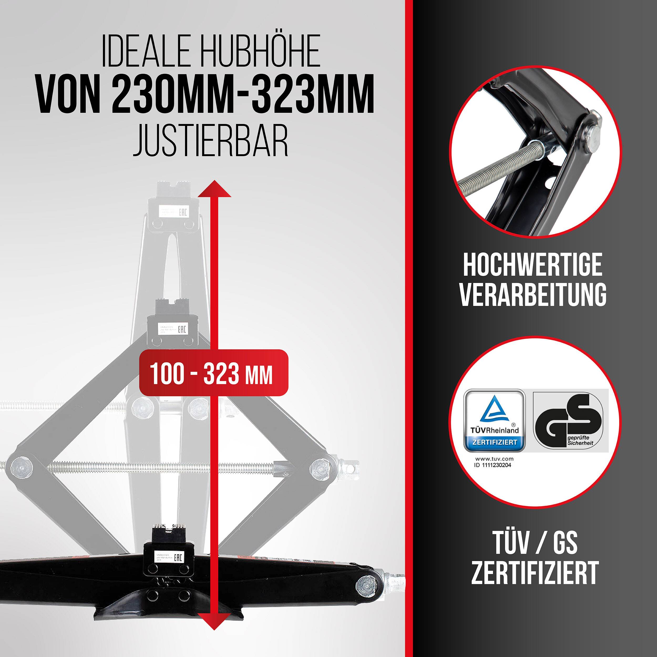 HEYNER® Scherenwagenheber 0,8 t Hubhöhe 100-323 mm, TÜV-Zertifiziert inkl. Kurbel, Gummiauflage & Tasche, für Auto-1