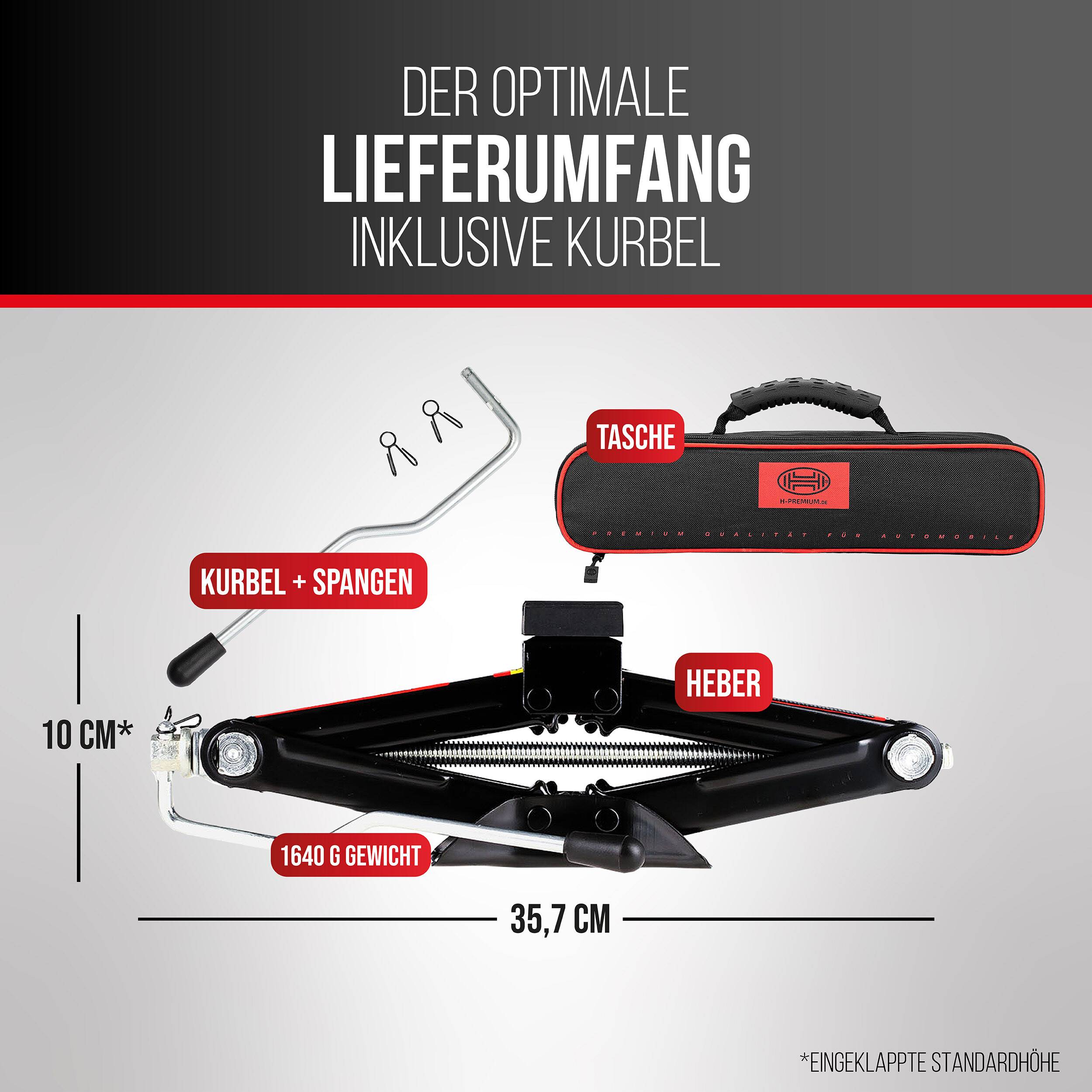 HEYNER® Scherenwagenheber 0,8 t Hubhöhe 100-323 mm, TÜV-Zertifiziert inkl. Kurbel, Gummiauflage & Tasche, für Auto-2