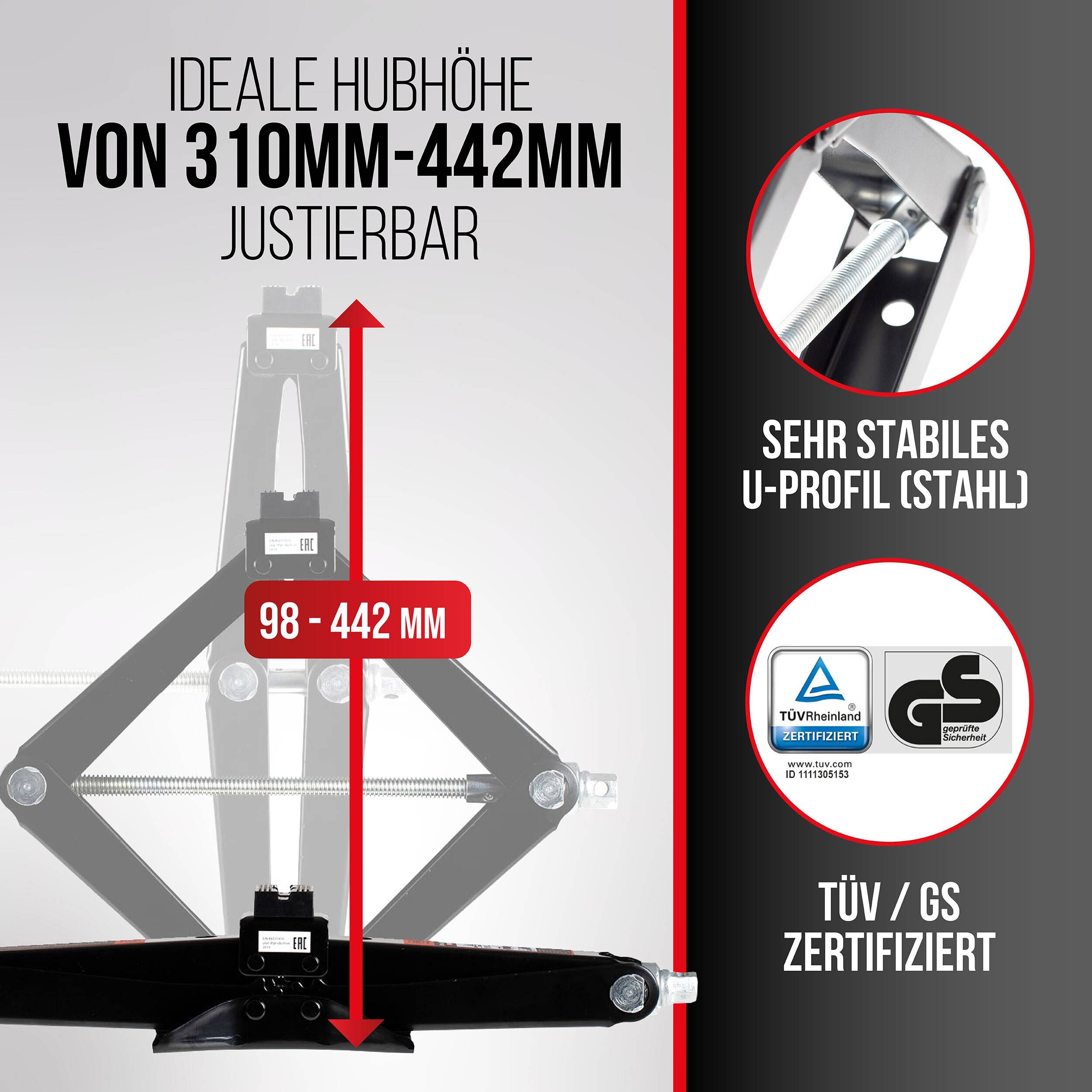HEYNER® Scherenwagenheber 2 t Hubhöhe 320-442 mm, TÜV-Zertifiziert inkl. Kurbel, Gummiauflage & Tasche, für Auto-1