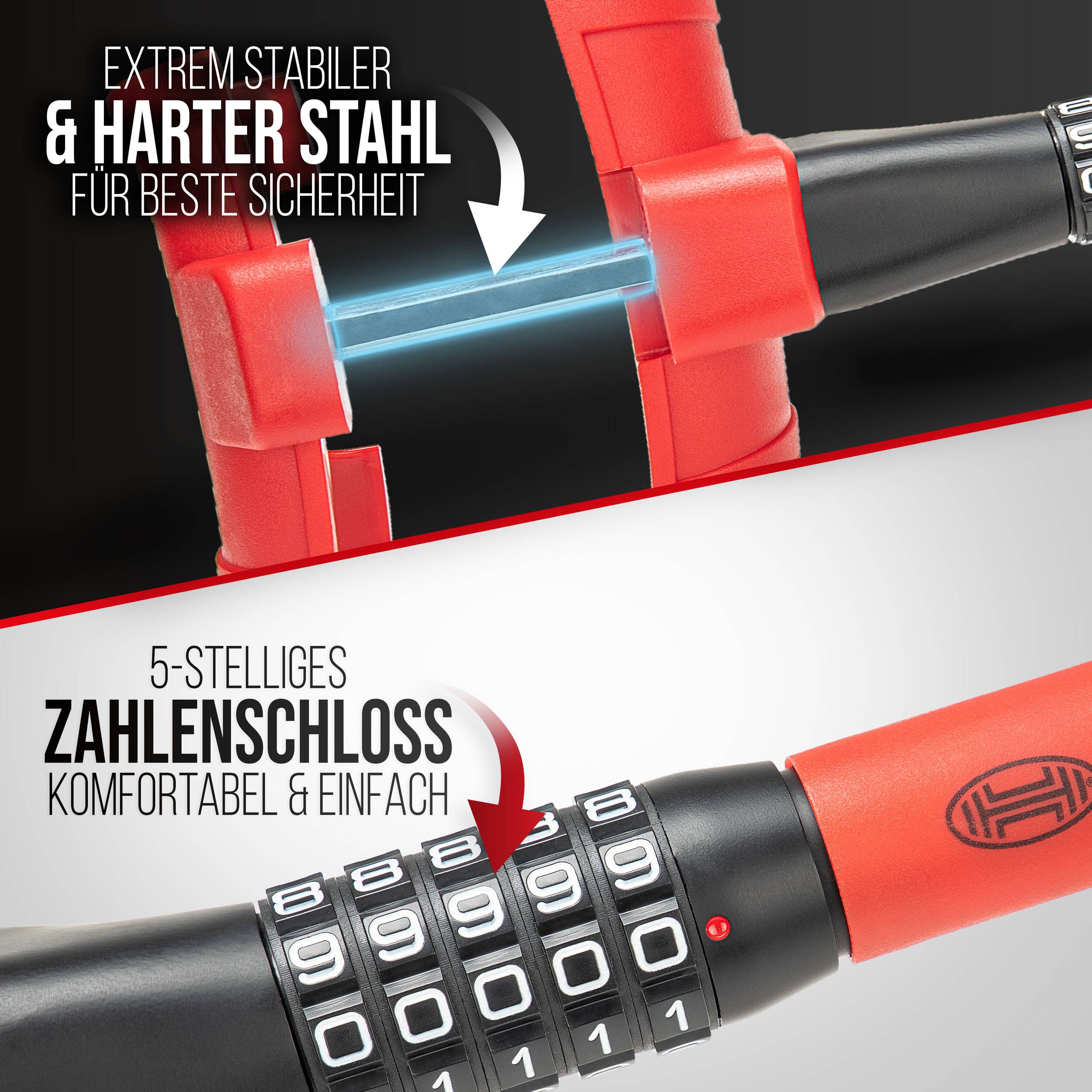HEYNER® Lenkradsperre mit 5‑stelligen Zahlenschloss, 35-42 cm verstellbar rot-schwarz-2