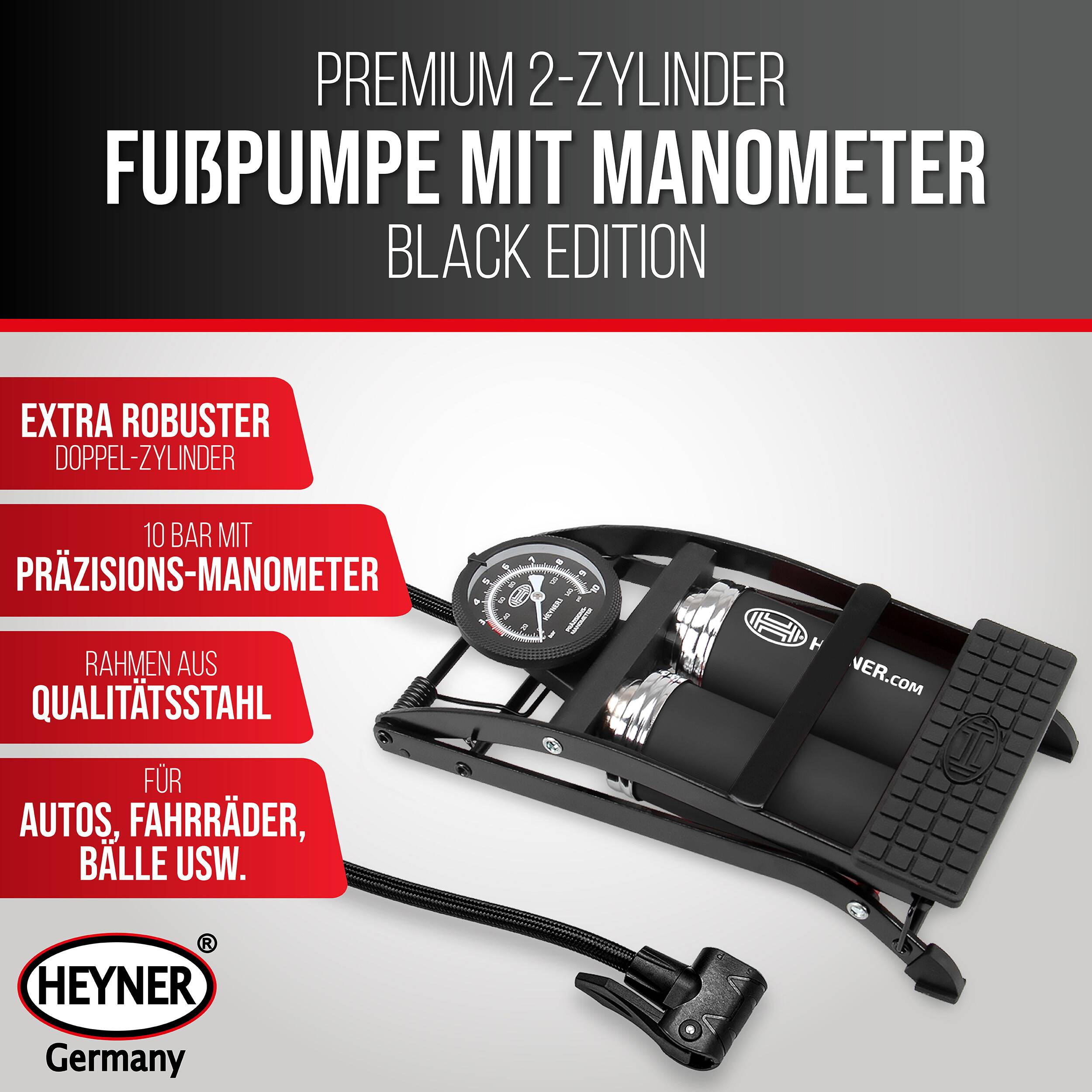 HEYNER® Fußluftpumpe mit Doppelzylinder & Manometer bis 10bar, BlackEdition Fuß-Luft-Pumpe inkl. 65 cm Schlauch mit-1