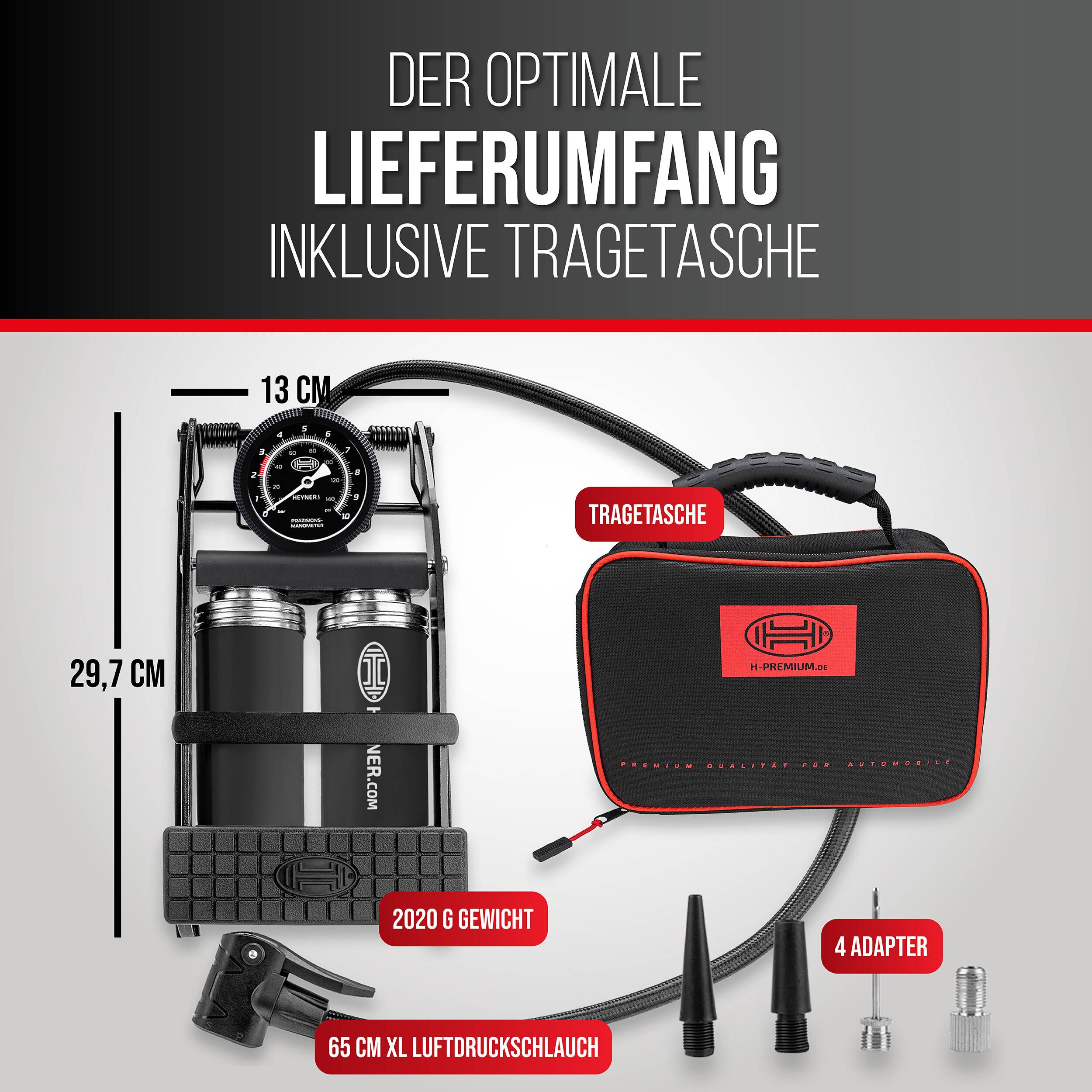 HEYNER® Fußluftpumpe mit Doppelzylinder & Manometer bis 10bar, BlackEdition Fuß-Luft-Pumpe inkl. 65 cm Schlauch mit-2