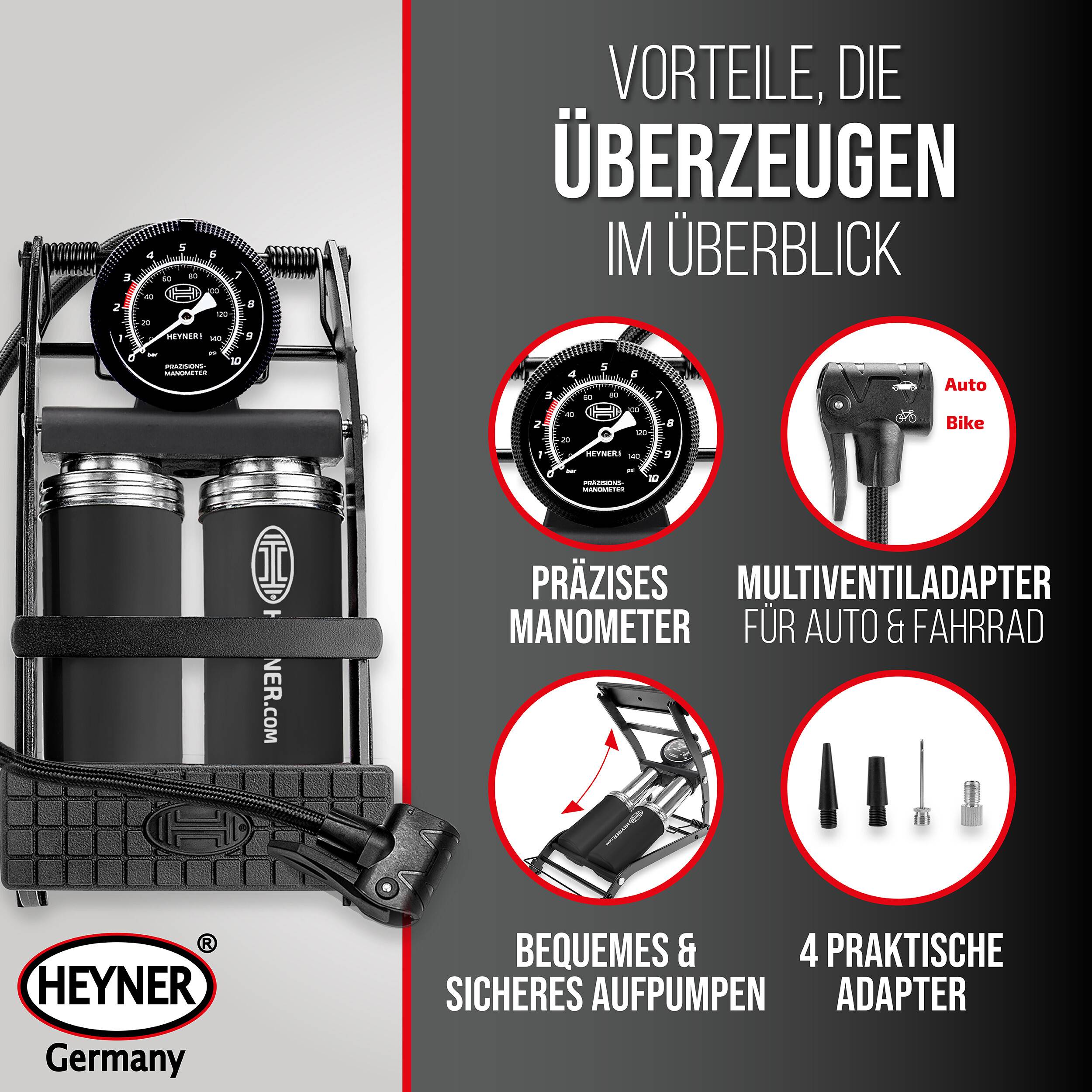 HEYNER® Fußluftpumpe mit Doppelzylinder & Manometer bis 10bar, BlackEdition Fuß-Luft-Pumpe inkl. 65 cm Schlauch mit-3