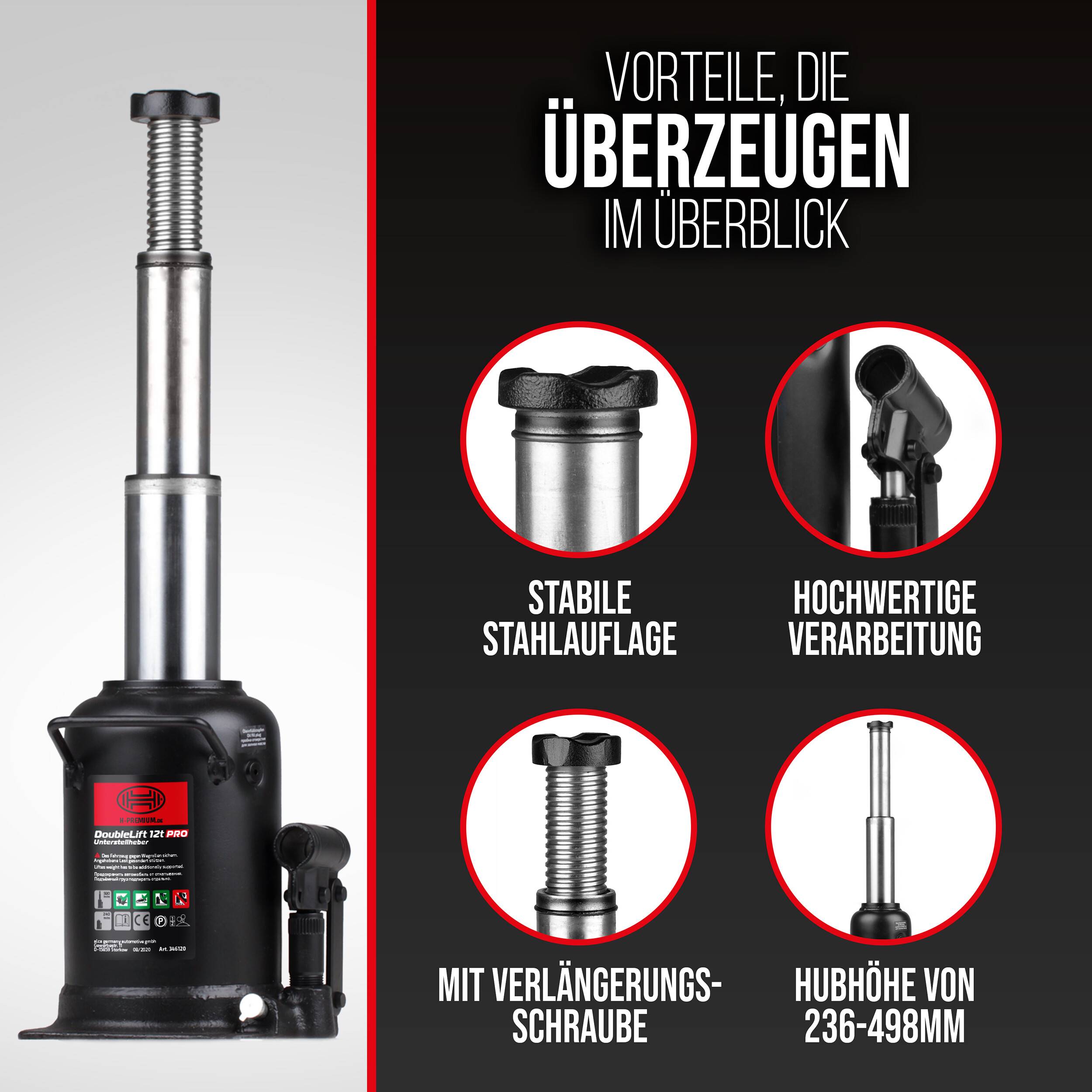 HEYNER® hydraulischer Stempelwagenheber 12 t. Hubhöhe 236-498 mm Unterstell-Flaschenheber für Auto & SUV, mit-4
