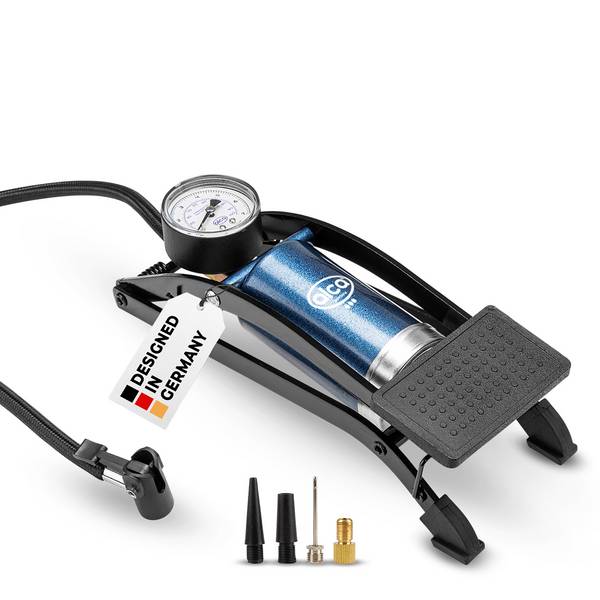 alca® Fußluftpumpe 7 bar mit Manometer sowie Adaptern für Pkw-Reifen Stahlzylinder, Rahmen aus robustem Metall,