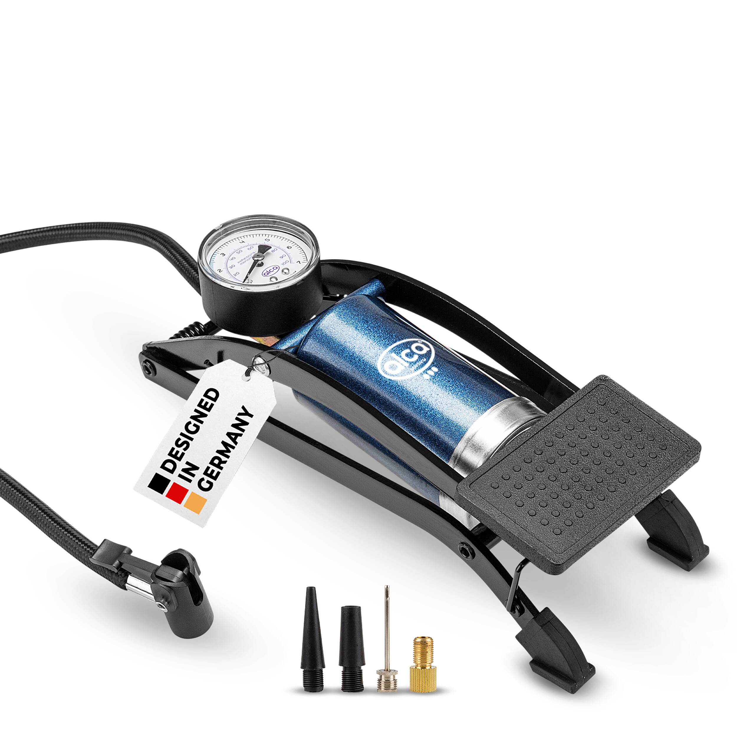 alca® Fußluftpumpe 7 bar mit Manometer sowie Adaptern für Pkw-Reifen Stahlzylinder, Rahmen aus robustem Metall,-0