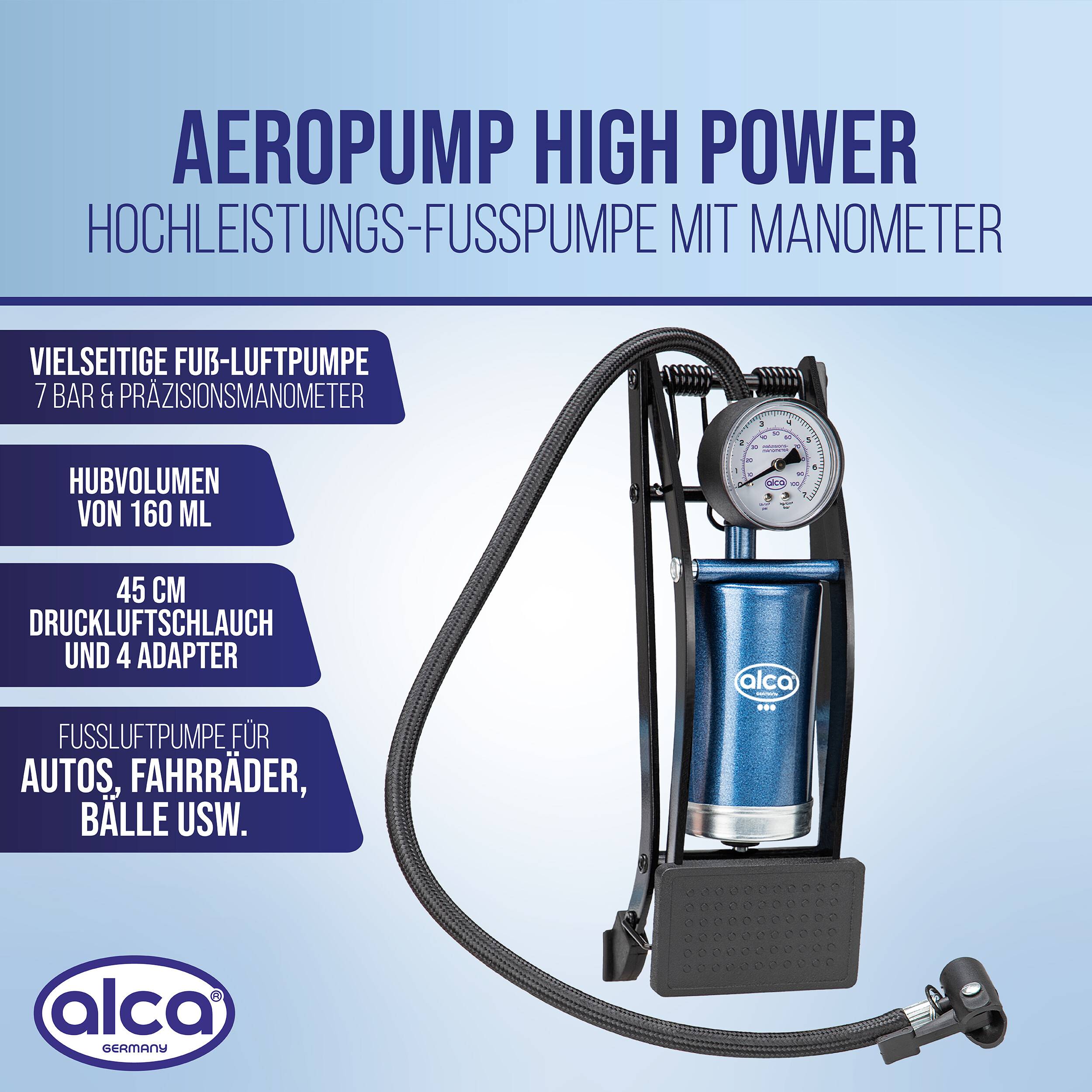 alca® Fußluftpumpe 7 bar mit Manometer sowie Adaptern für Pkw-Reifen Stahlzylinder, Rahmen aus robustem Metall,-1