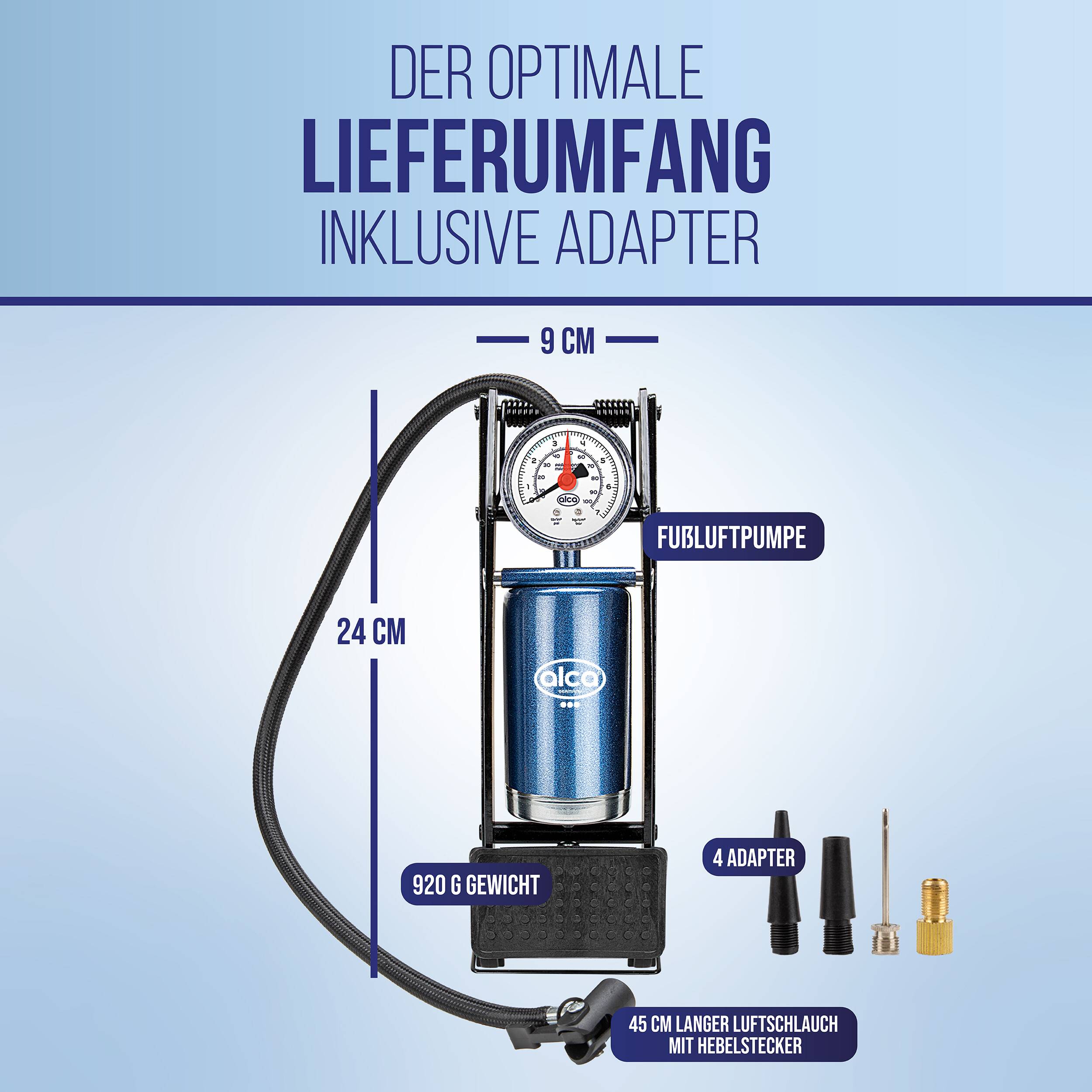 alca® Fußluftpumpe 7 bar mit Manometer sowie Adaptern für Pkw-Reifen Stahlzylinder, Rahmen aus robustem Metall,-2
